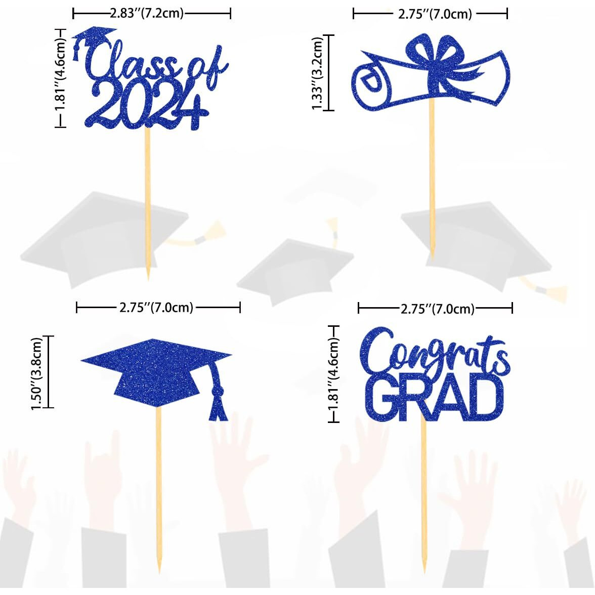 Moitkptt 2024 Graduation Topper, Set Of 24 (Blue) - Includes 4 Styles Grad Cap, Diploma, 'Class Of 2024', 'Congrats'