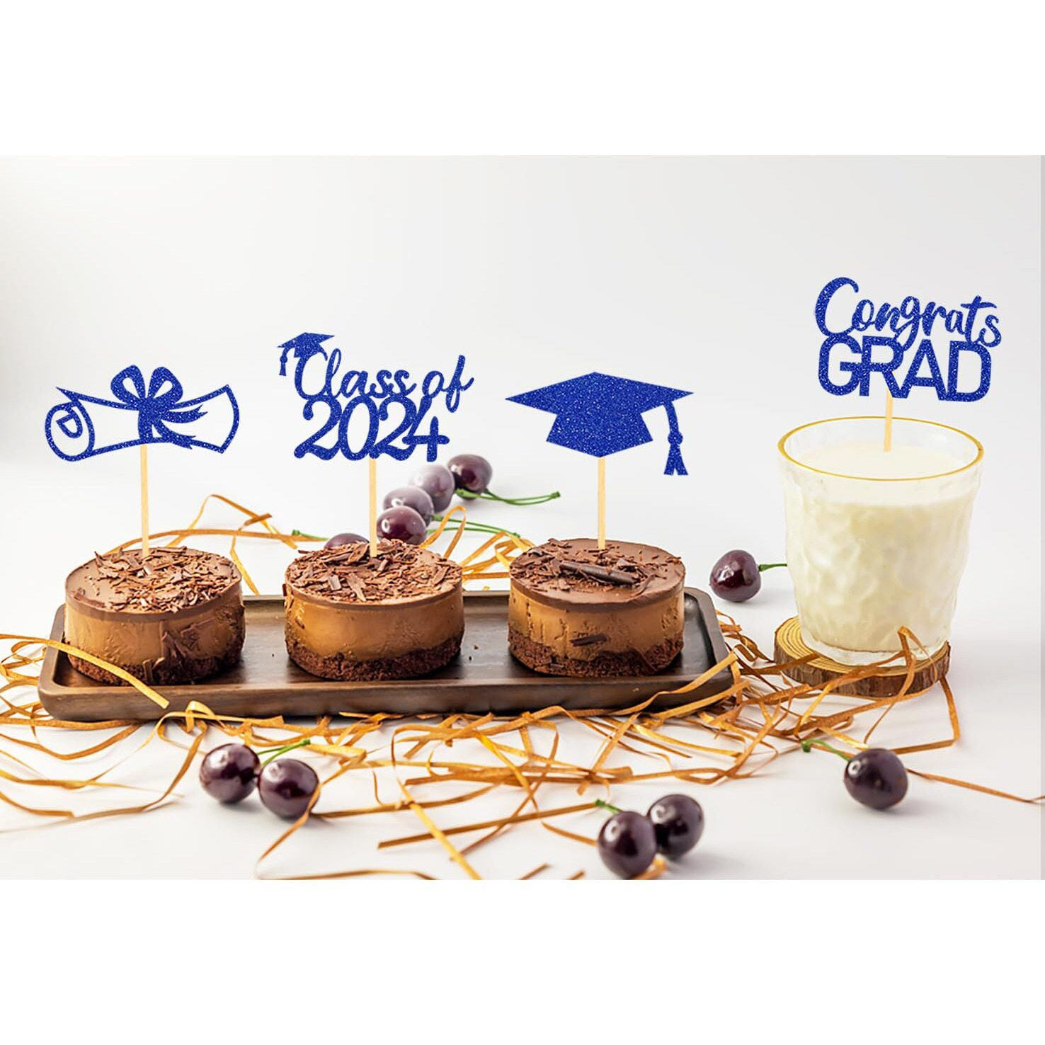 Moitkptt 2024 Graduation Topper, Set Of 24 (Blue) - Includes 4 Styles Grad Cap, Diploma, 'Class Of 2024', 'Congrats'