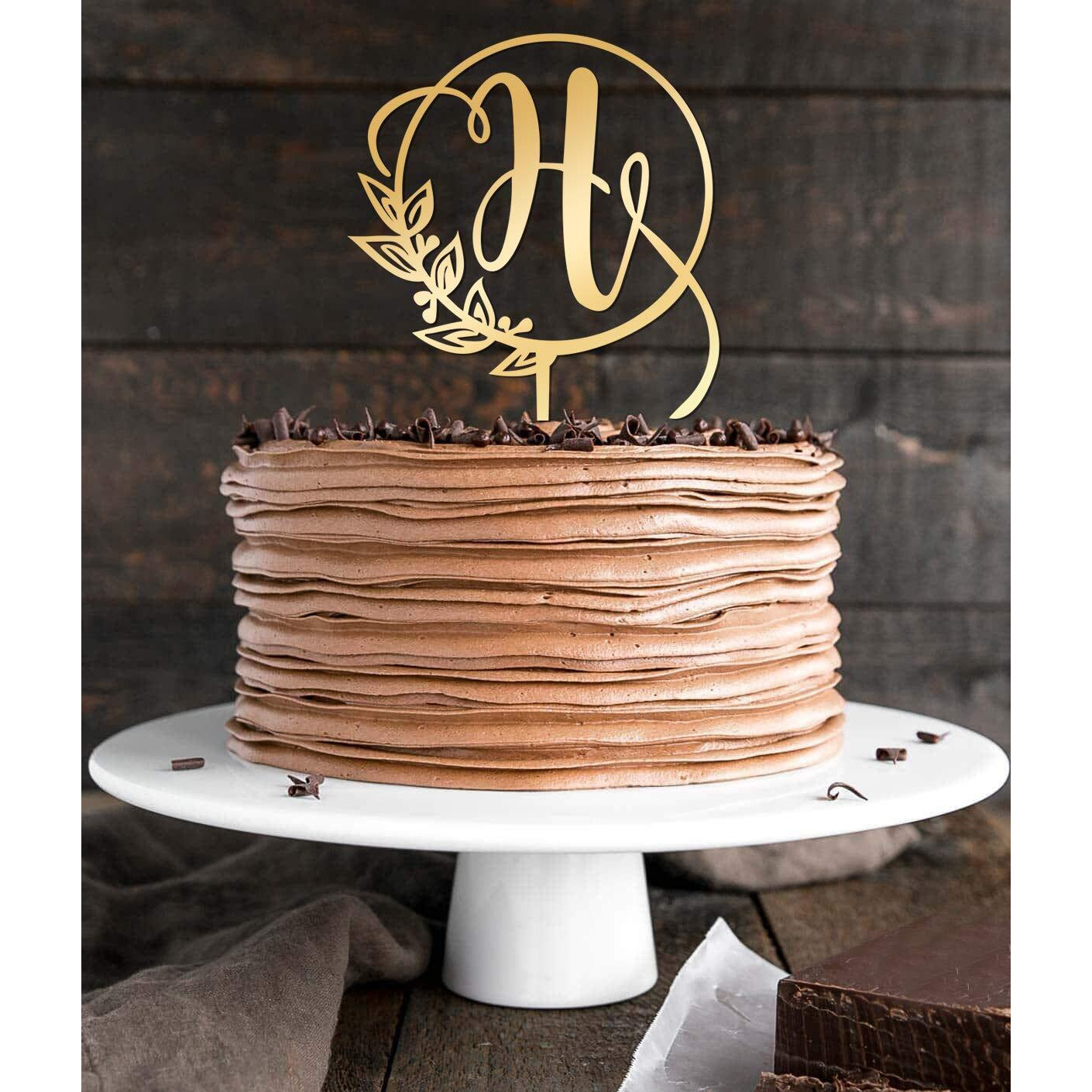 Kiskistonite Initials H Cake Topper, Monogram Cake Topper H, Rustic Wedding Cake Topper, Wreath Letter H Cake Topper, Mirror Gold Wedding Cake Decoration