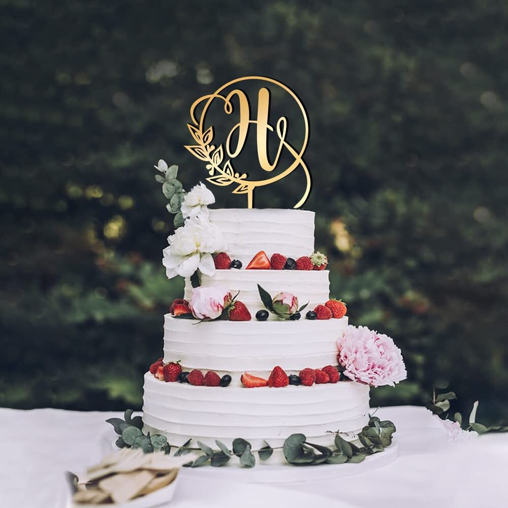 Kiskistonite Initials H Cake Topper, Monogram Cake Topper H, Rustic Wedding Cake Topper, Wreath Letter H Cake Topper, Mirror Gold Wedding Cake Decoration