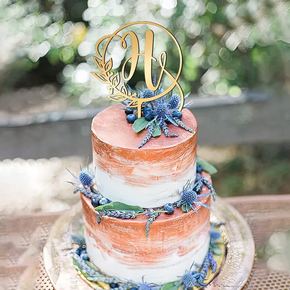 Kiskistonite Initials H Cake Topper, Monogram Cake Topper H, Rustic Wedding Cake Topper, Wreath Letter H Cake Topper, Mirror Gold Wedding Cake Decoration