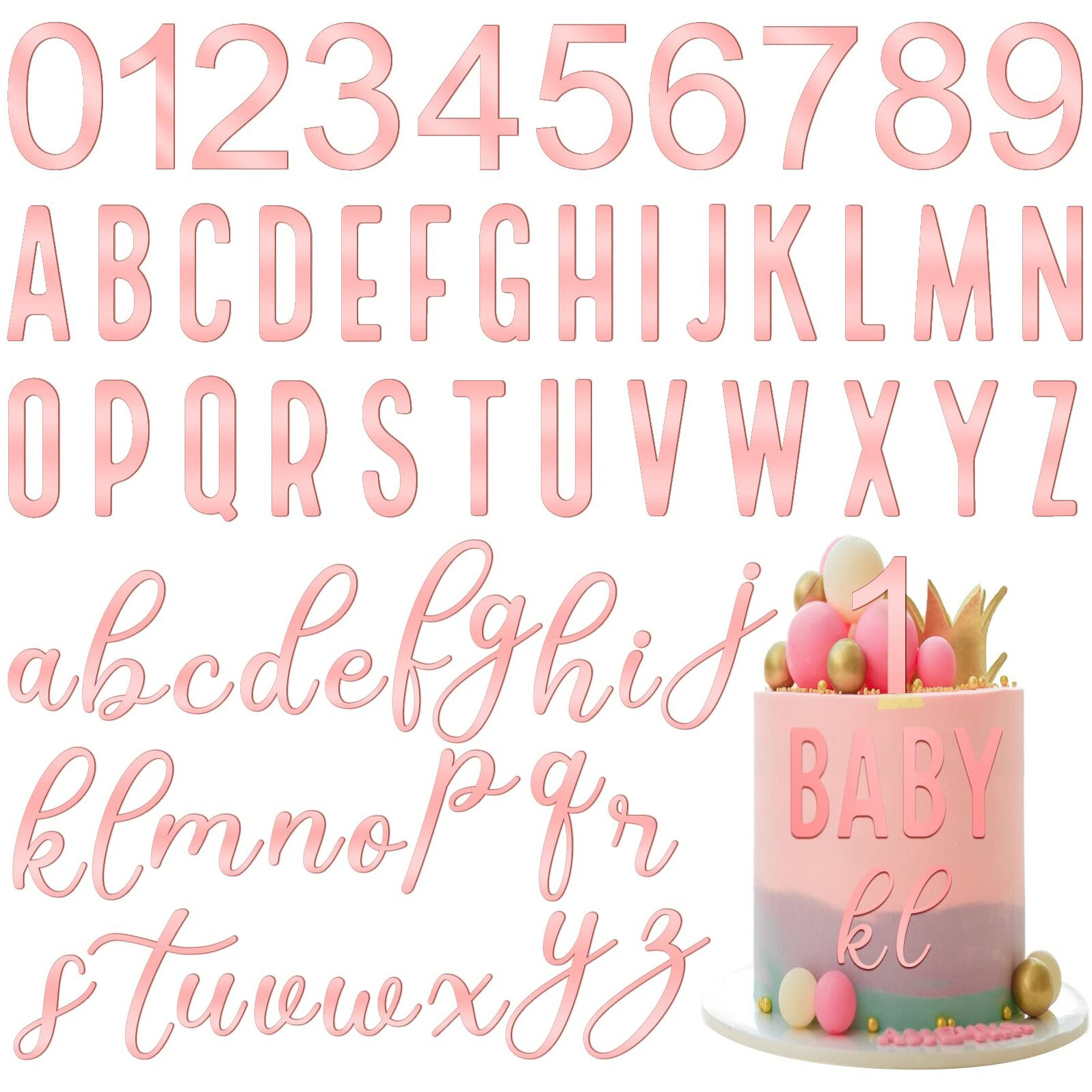 124 Pcs Acrylic Number Alphabet Cake Topper Diy Personalized Name Cupcake Toppers With A-Z Letter Custom Your Birthday Party Cake Topper 0-9 Number Cake Decoration For Wedding Baby Shower (Rose Gold)