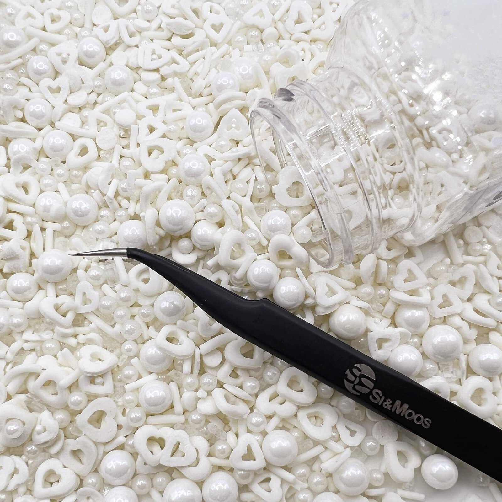 White Heart Sprinkles Mix 3.35 Oz | White Edible Pearls | White Pearl Sprinkles For Cake Decorating | Edible Cake Pearls | Sugar Pearls For Cake Decorating | White Sprinkles Kosher Certified With Tweezers