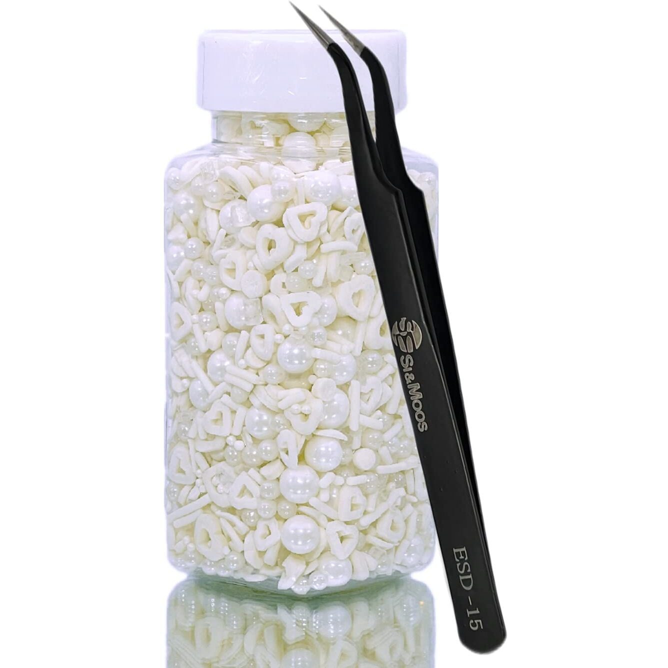 White Heart Sprinkles Mix 3.35 Oz | White Edible Pearls | White Pearl Sprinkles For Cake Decorating | Edible Cake Pearls | Sugar Pearls For Cake Decorating | White Sprinkles Kosher Certified With Tweezers
