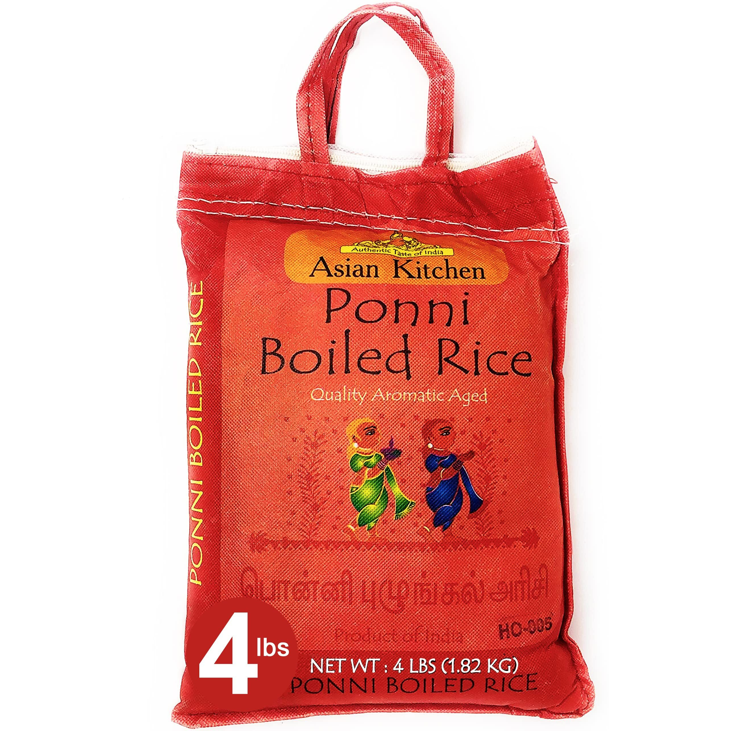 Asian Kitchen Ponni Boiled Rice 4-Pound Bag, 4Lbs (1.81Kg) Short Grain Par Boiled Rice ~ All Natural | Gluten Friendly | Vegan | Indian Origin | Export Quality
