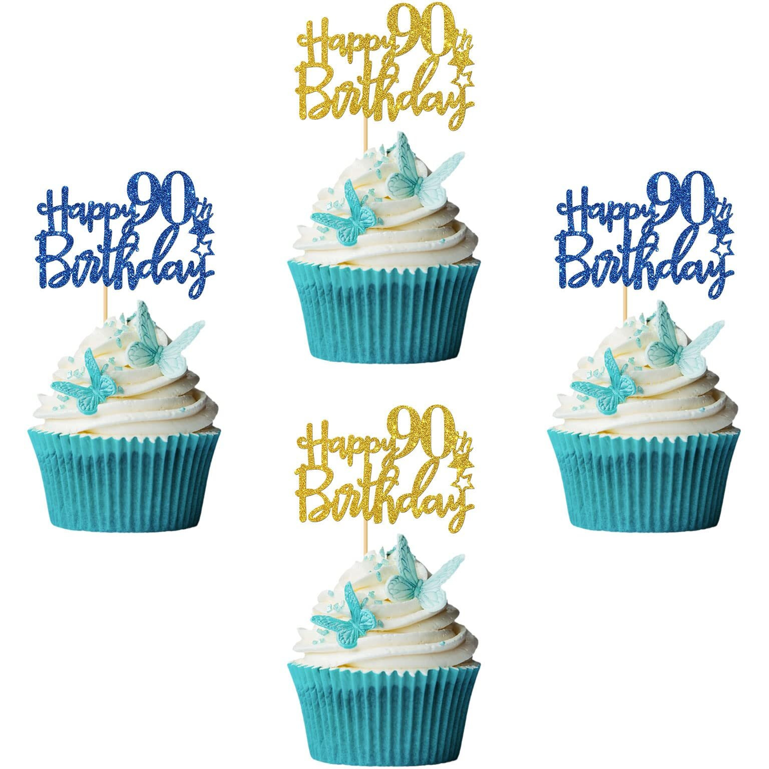 Roadsea Happy 90Th Birthday Cupcake Toppers - Women Men 90 Years Old Birthday Cupcake Supplies - 90Th Birthday Party Decorations - 24 Pcs Blue & Gold Glitter (90Th)