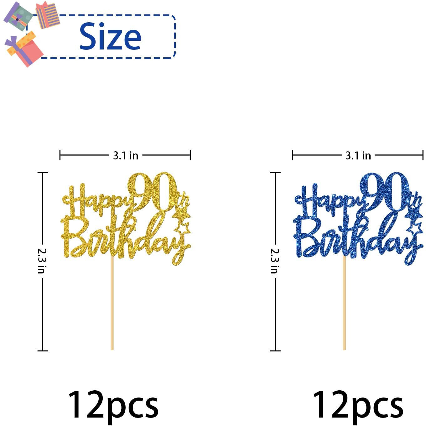 Roadsea Happy 90Th Birthday Cupcake Toppers - Women Men 90 Years Old Birthday Cupcake Supplies - 90Th Birthday Party Decorations - 24 Pcs Blue & Gold Glitter (90Th)