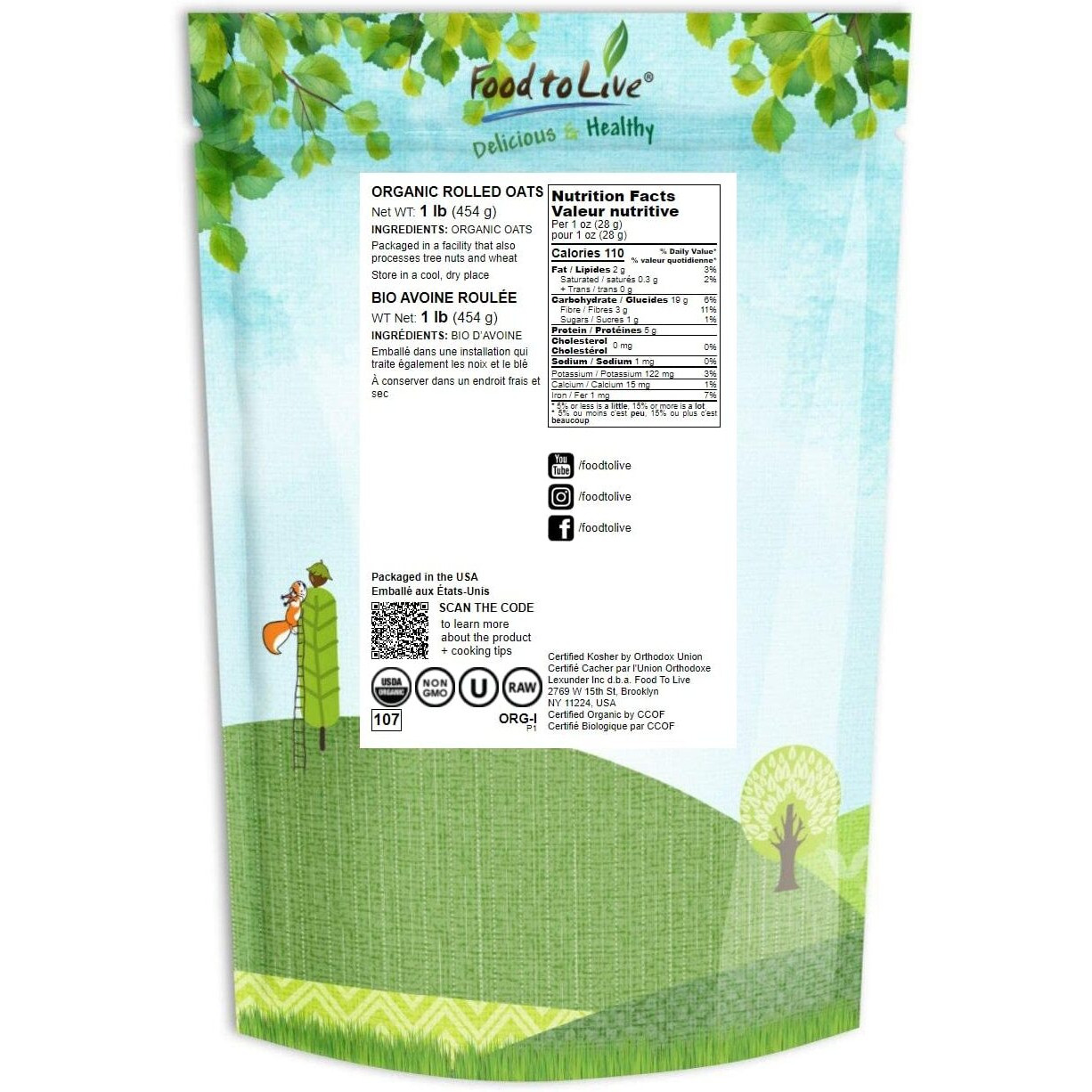 Food To Live Organic Rolled Oats, 1 Pound - Old-Fashioned, 100% Whole Grain, Non-Gmo, Raw, Kosher, Bulk Oats. Perfect For Morning Oatmeal And Overnight Oats