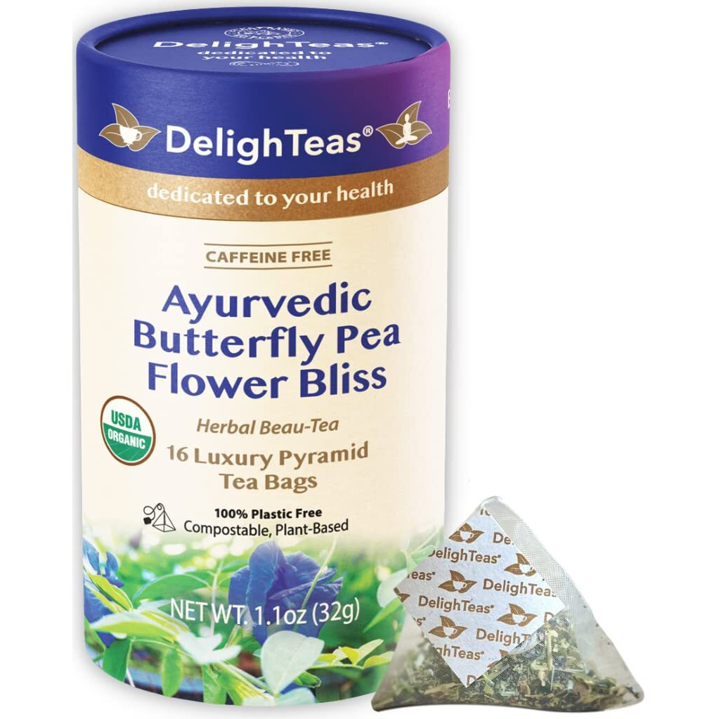 Delighteas Organic Butterfly Pea Flower Bliss Tea | Eco-Conscious Pyramid Tea Bags | With Ginger, Lemongrass & Licorice | Usda Organic, Vegan, Caffeine Free, Kosher | 16 Tea Bags, 2G Each