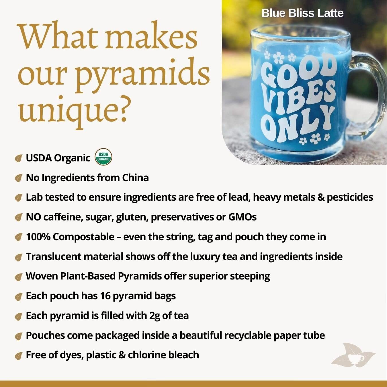 Delighteas Organic Butterfly Pea Flower Bliss Tea | Eco-Conscious Pyramid Tea Bags | With Ginger, Lemongrass & Licorice | Usda Organic, Vegan, Caffeine Free, Kosher | 16 Tea Bags, 2G Each