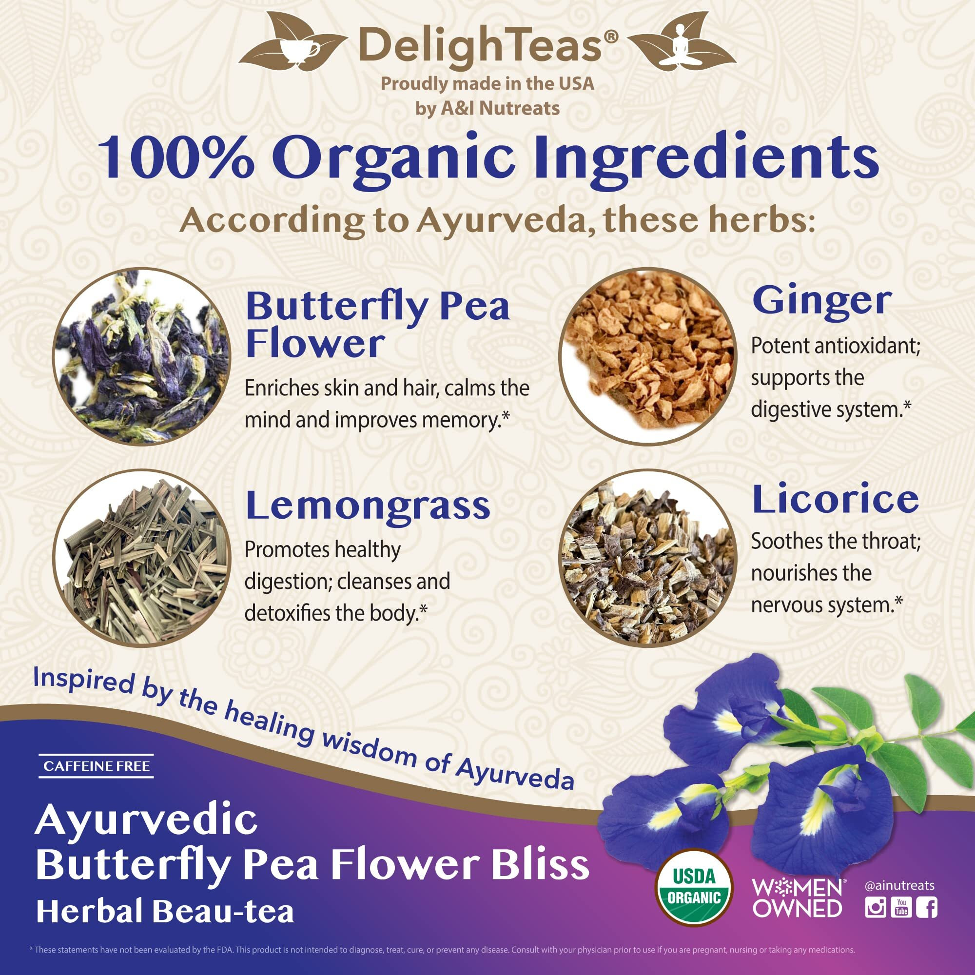 Delighteas Organic Butterfly Pea Flower Bliss Tea | Eco-Conscious Pyramid Tea Bags | With Ginger, Lemongrass & Licorice | Usda Organic, Vegan, Caffeine Free, Kosher | 16 Tea Bags, 2G Each