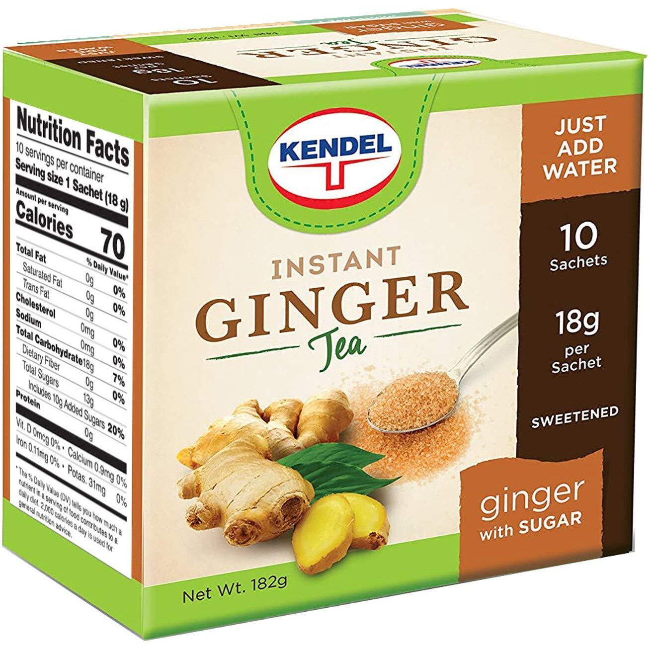 Kendel Instant Ginger Drink With Sugar, Made From Real Ginger Crushed Into Fine Powder, Contains Cane Sugar, May Aid Digestion, Can Be Enjoyed Hot Or Cold, Caffeine Free (10 Sachets Per Box)