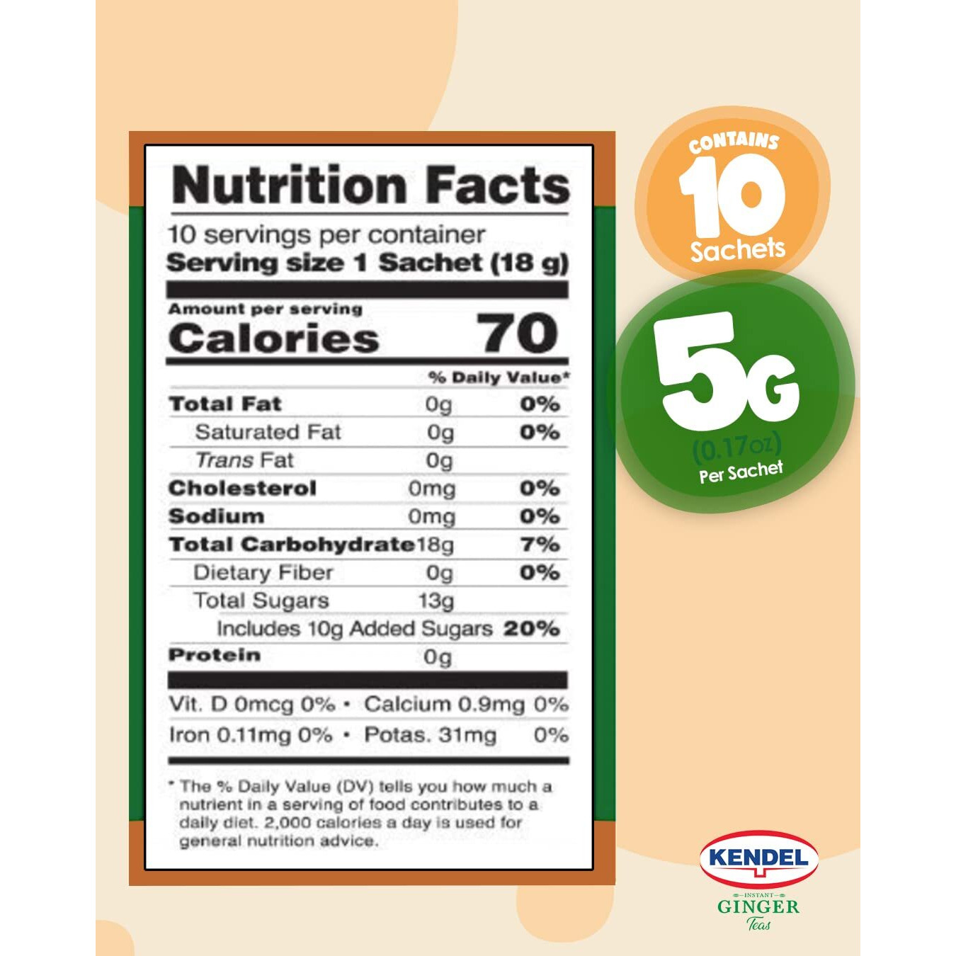 Kendel Instant Ginger Drink With Sugar, Made From Real Ginger Crushed Into Fine Powder, Contains Cane Sugar, May Aid Digestion, Can Be Enjoyed Hot Or Cold, Caffeine Free (10 Sachets Per Box)