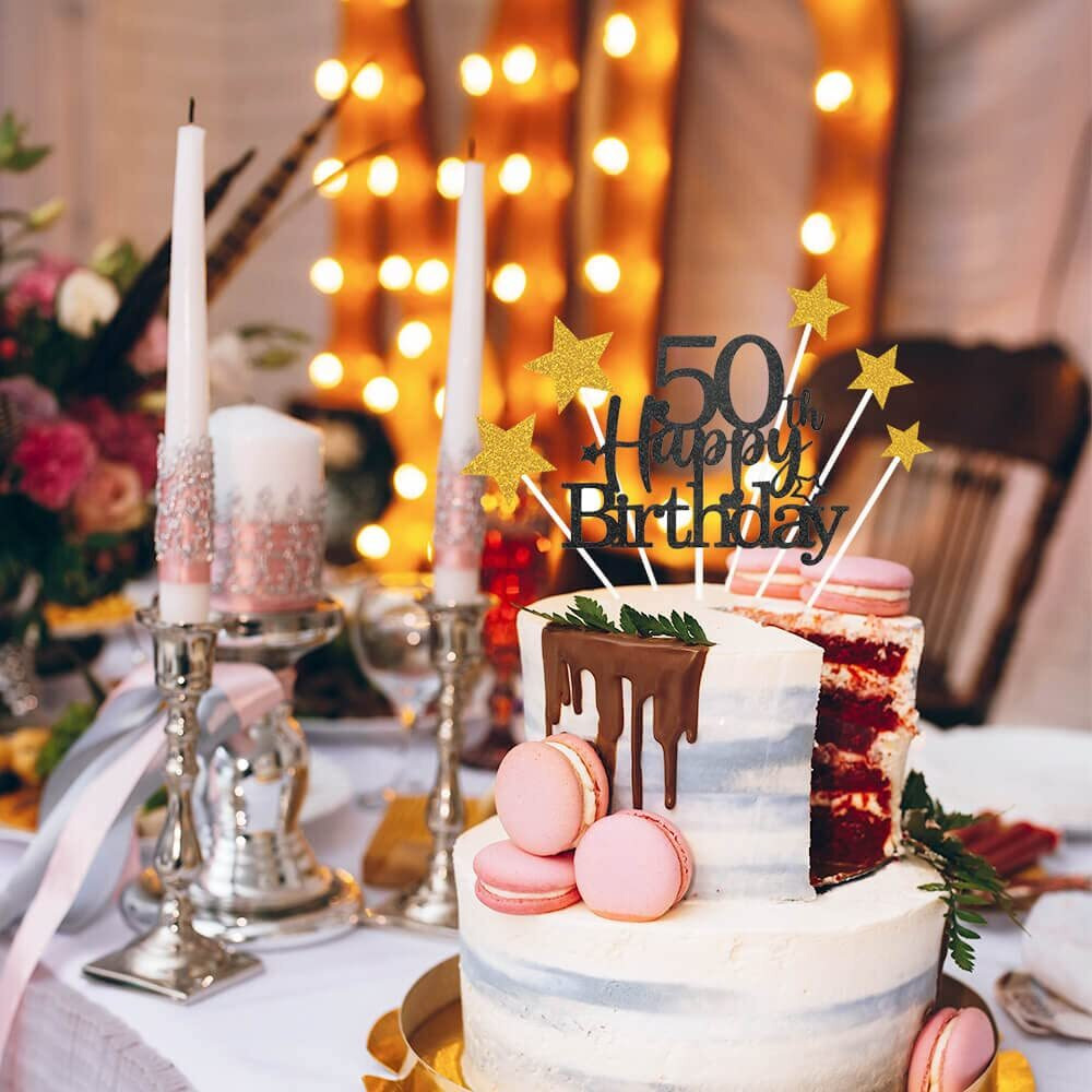 Pargleev Glittery 50Th Happy Birthday Cake Topper With Star,Personalised 50 Birthday Cake Toppers Party Decorations Party Supplies For Men Women Black Gold