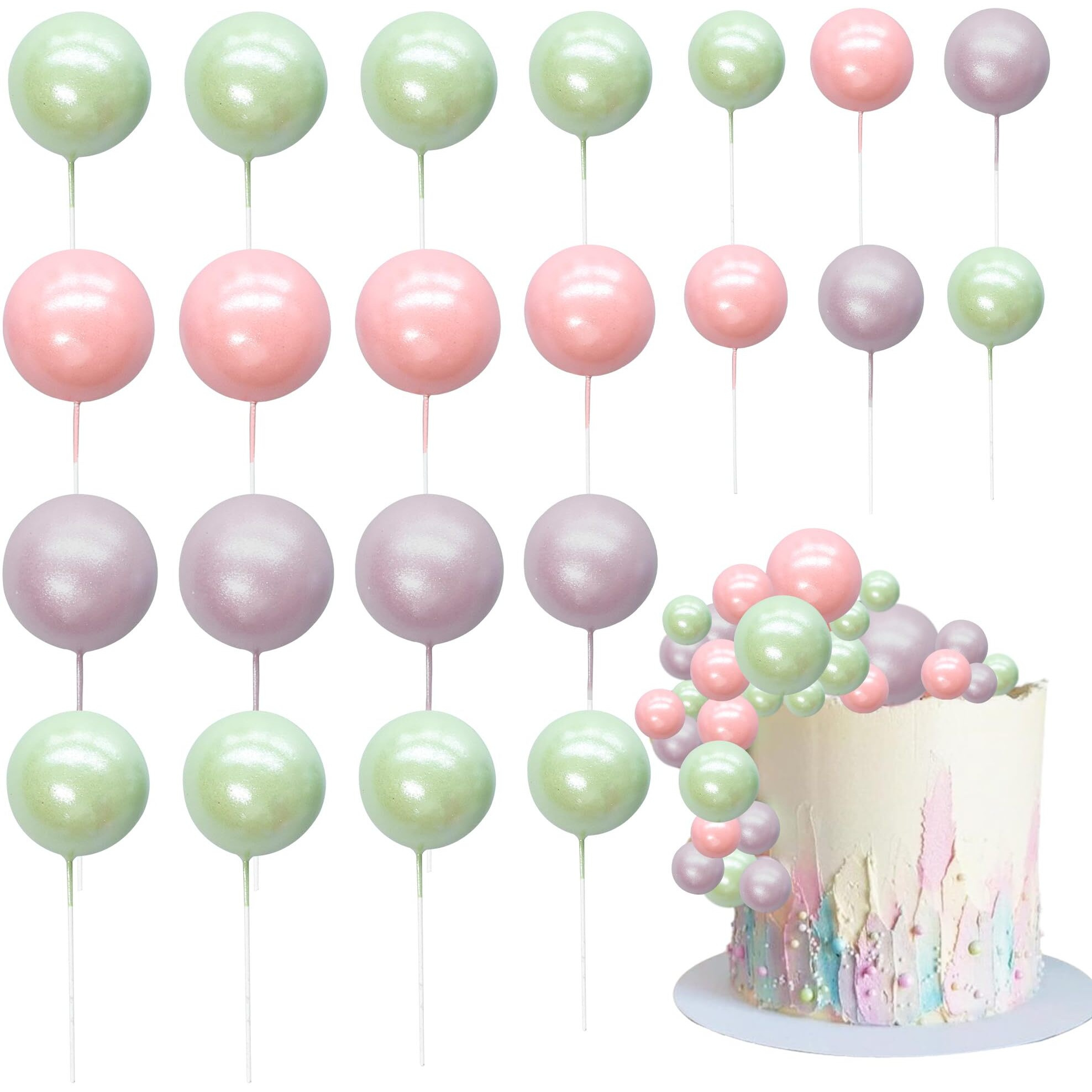 Ephlyn 30Pcs Balls Cake Topper Foam Ball Cake Picks Mini Balloon Diy Cake Insert Topper Decoration For Baby Shower Party Cake Decorations Pearl Green Pink Light Purple