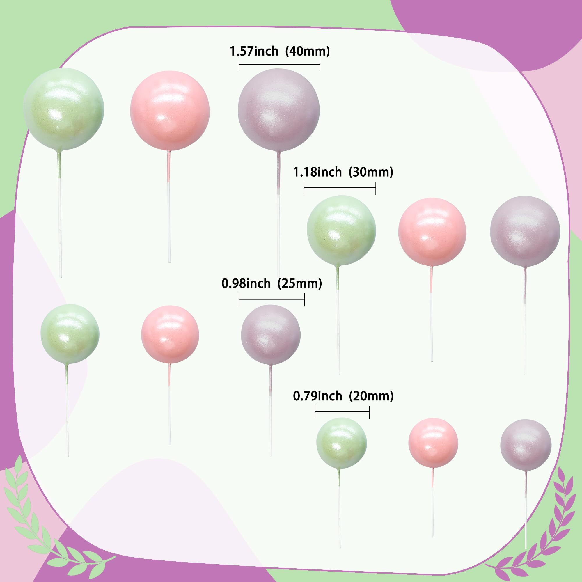 Ephlyn 30Pcs Balls Cake Topper Foam Ball Cake Picks Mini Balloon Diy Cake Insert Topper Decoration For Baby Shower Party Cake Decorations Pearl Green Pink Light Purple