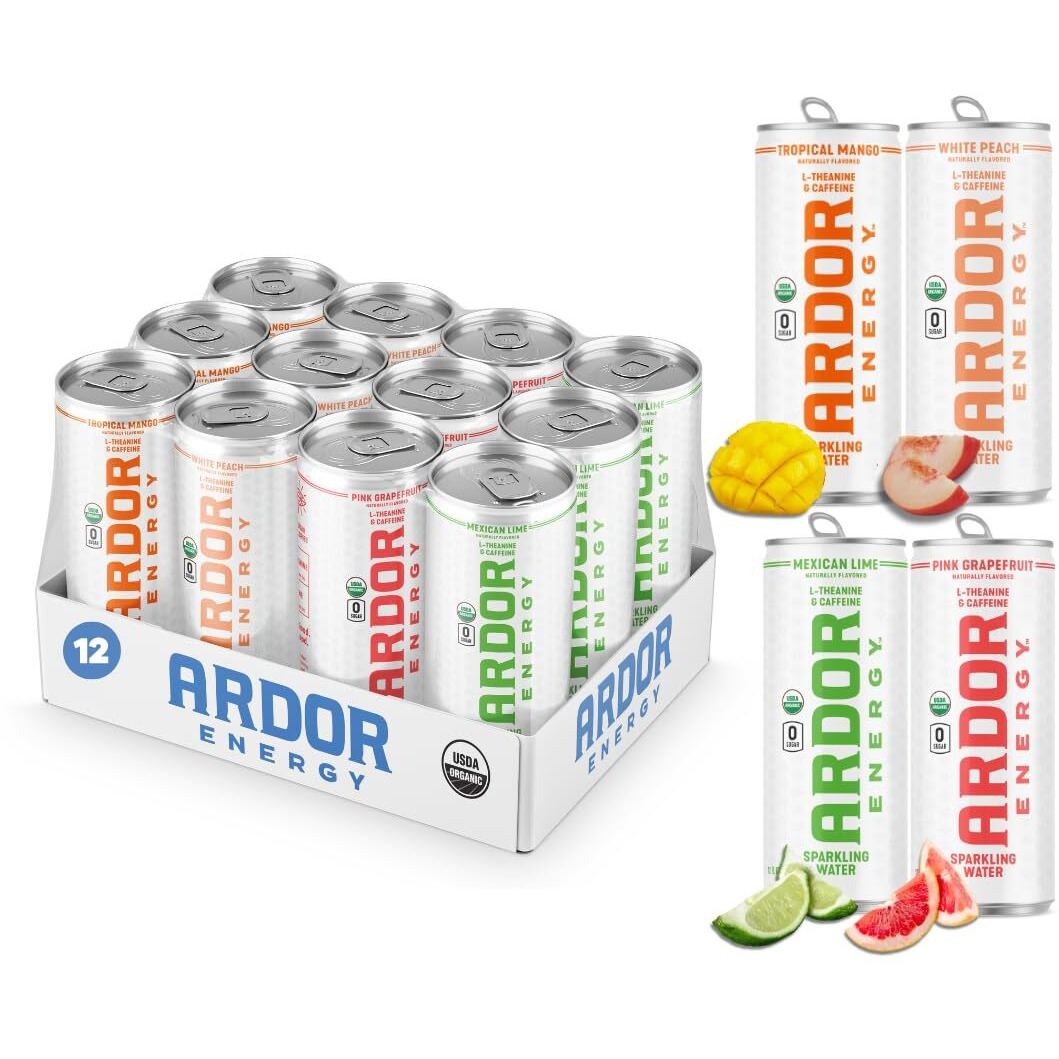 Ardor Energy Sparkling Water Tropical Variety 12 Pack With 100Mg Organic Caffeine From Green Tea & 200Mg Organic L-Theanine (Focus & Calm). No Sugar. No Calories. Vegan. Gluten Free.