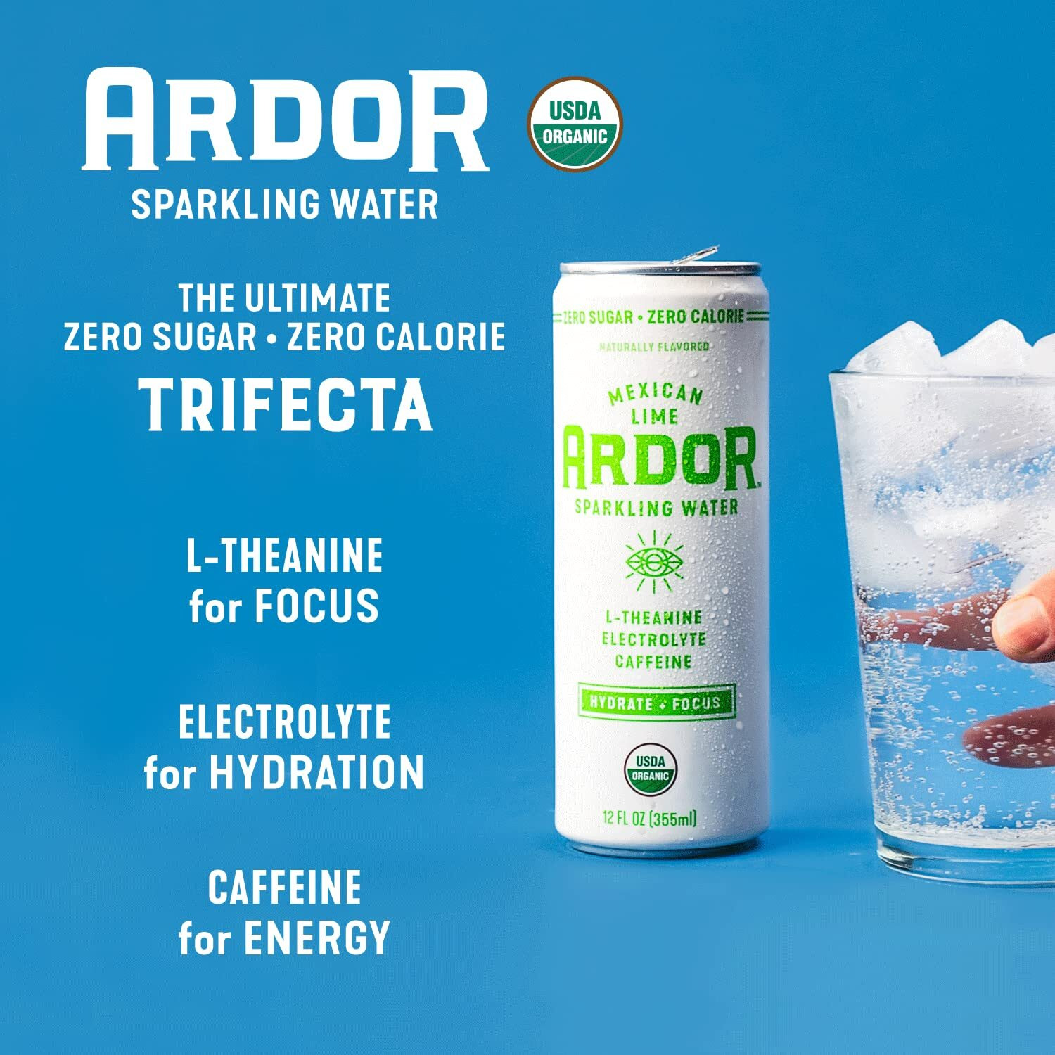 Ardor Energy Sparkling Water Tropical Variety 12 Pack With 100Mg Organic Caffeine From Green Tea & 200Mg Organic L-Theanine (Focus & Calm). No Sugar. No Calories. Vegan. Gluten Free.
