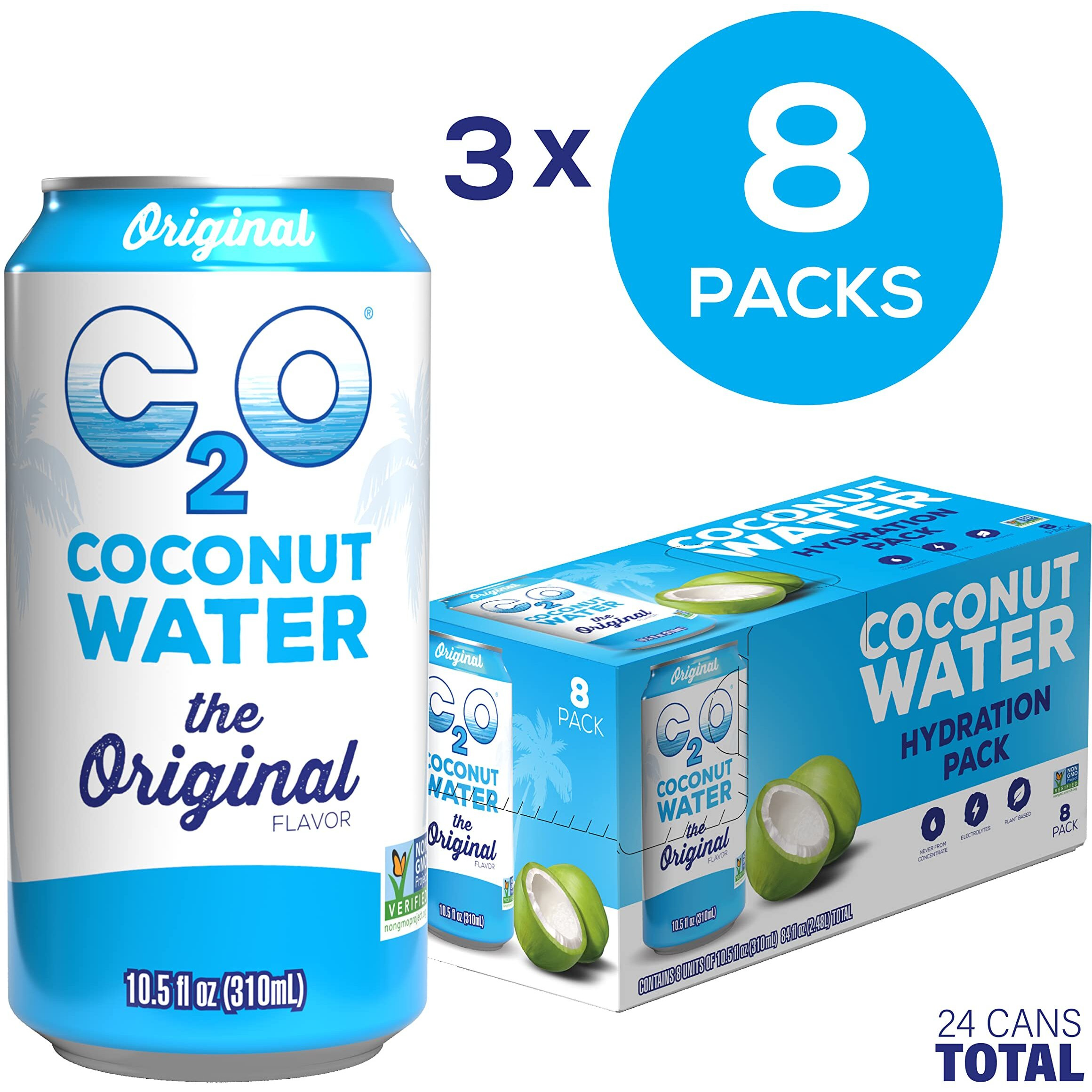 C2O - Coconut Water, The Original Flavor (24 Pack, 3 Boxes Of 8) - Made With Fresh Coconut Water, 100% Fruit Juice - Plant Based, Non Gmo Canned Water - Hydration & Electrolytes - 24 Cans, 10.5 Fl Oz