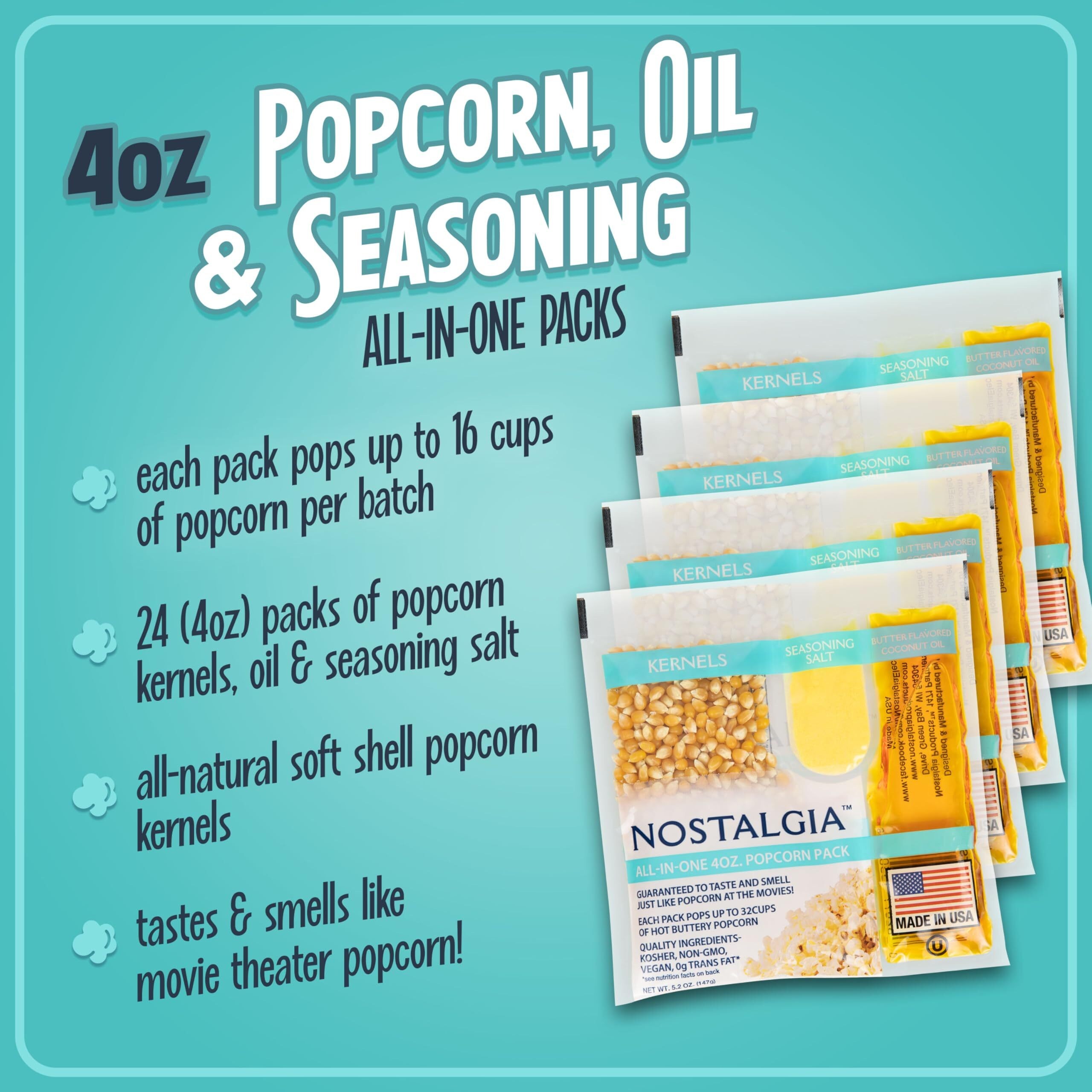 Nostalgia Movie Theater Style Popcorn Packets For Popcorn Machine, All-In-One Popcorn Kernels, Coconut Oil, Seasoning Salt Packs, 4Oz Packs, 24 Count
