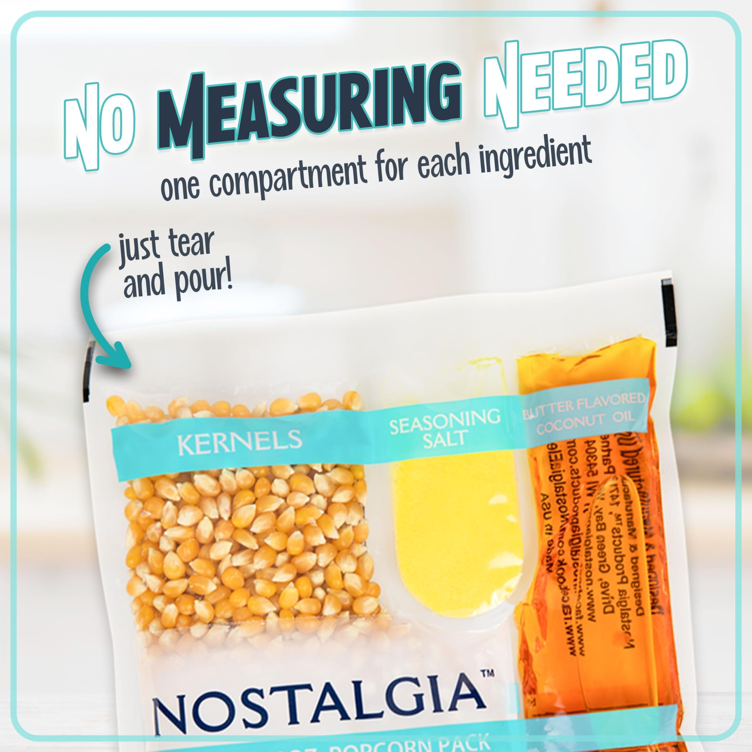 Nostalgia Movie Theater Style Popcorn Packets For Popcorn Machine, All-In-One Popcorn Kernels, Coconut Oil, Seasoning Salt Packs, 4Oz Packs, 24 Count