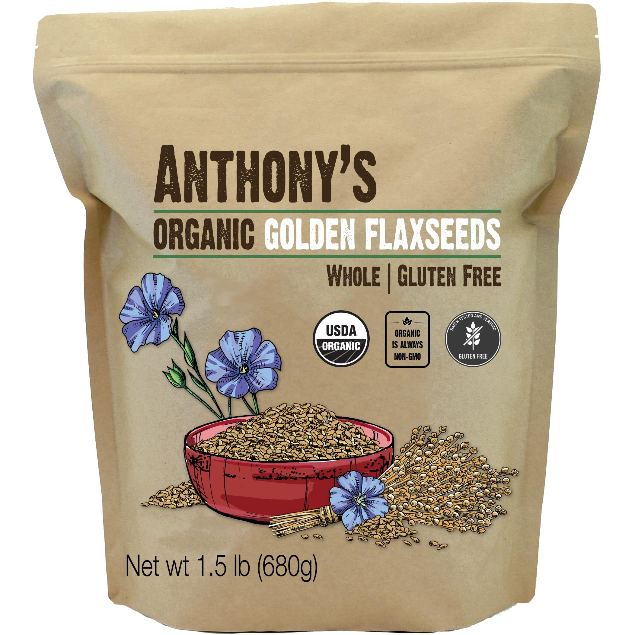 Anthony's Organic Whole Golden Flaxseeds, 1.5 Lb, Gluten Free, Non-Gmo, Vegan