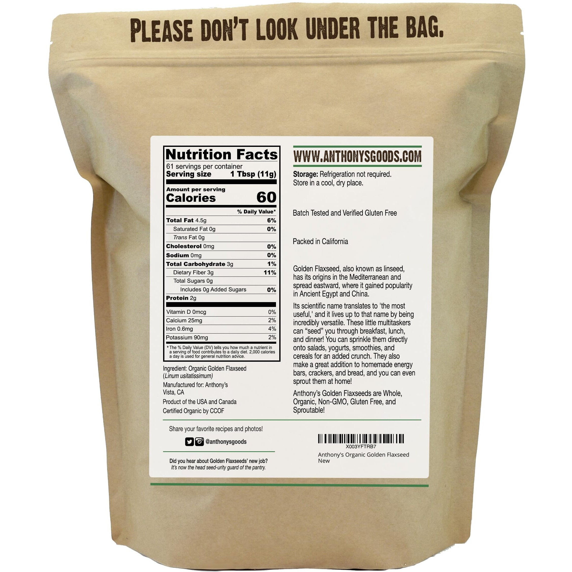 Anthony's Organic Whole Golden Flaxseeds, 1.5 Lb, Gluten Free, Non-Gmo, Vegan