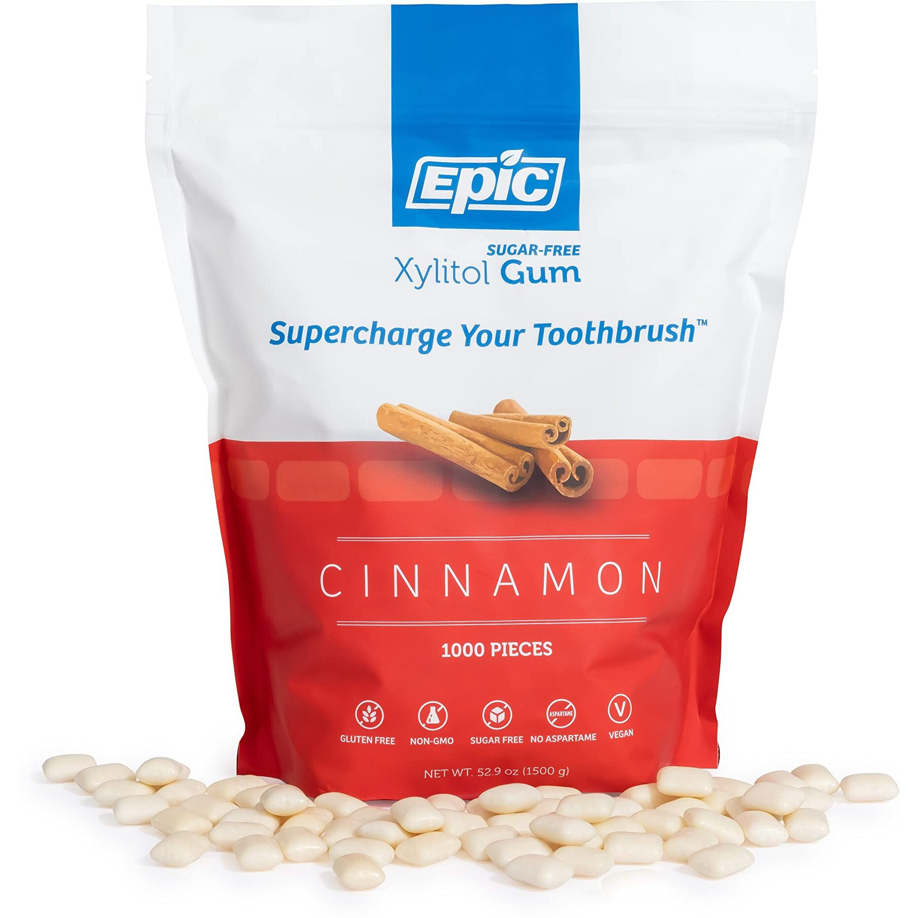 Epic Xylitol Chewing Gum - Sugar Free & Aspartame Free Chewing Gum Sweetened W/Xylitol For Dry Mouth & Gum Health (Cinnamon, 1000-Piece Bag, 1 Bag)