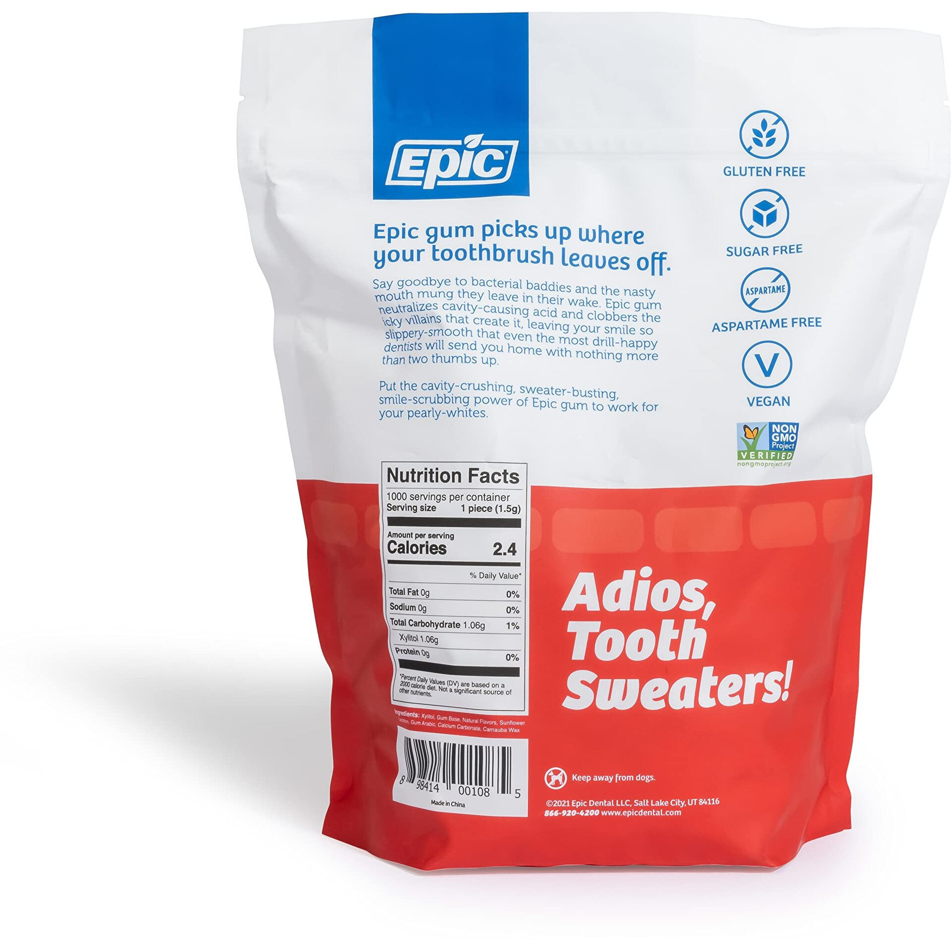 Epic Xylitol Chewing Gum - Sugar Free & Aspartame Free Chewing Gum Sweetened W/Xylitol For Dry Mouth & Gum Health (Cinnamon, 1000-Piece Bag, 1 Bag)
