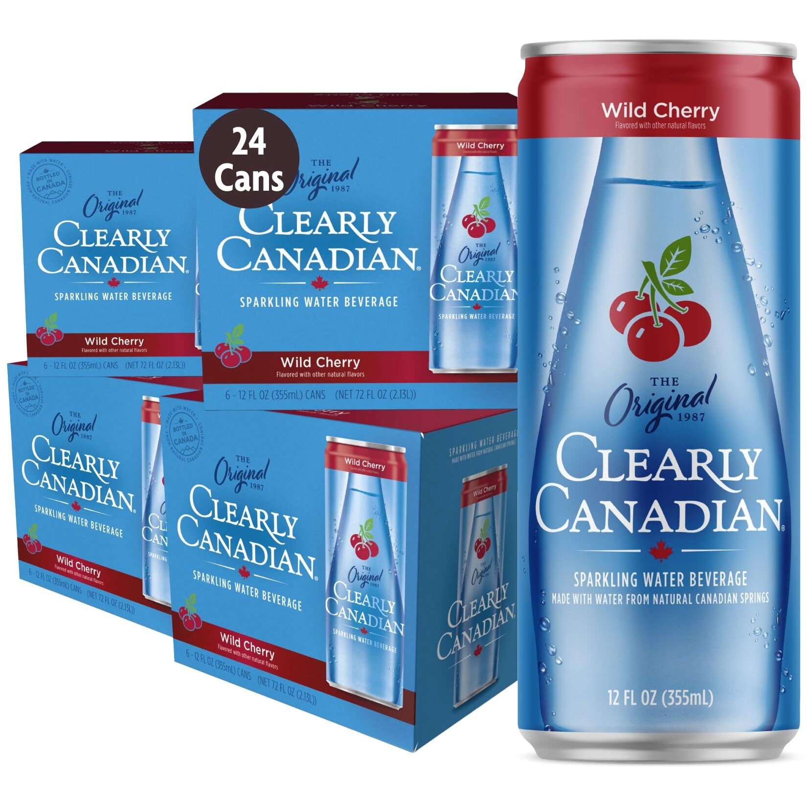 Clearly Canadian Wild Cherry Sparkling Spring Water Beverage, Natural & Carbonated, Flavored Seltzer Water, 1 Case (24 Cans X 12 Fl Oz)