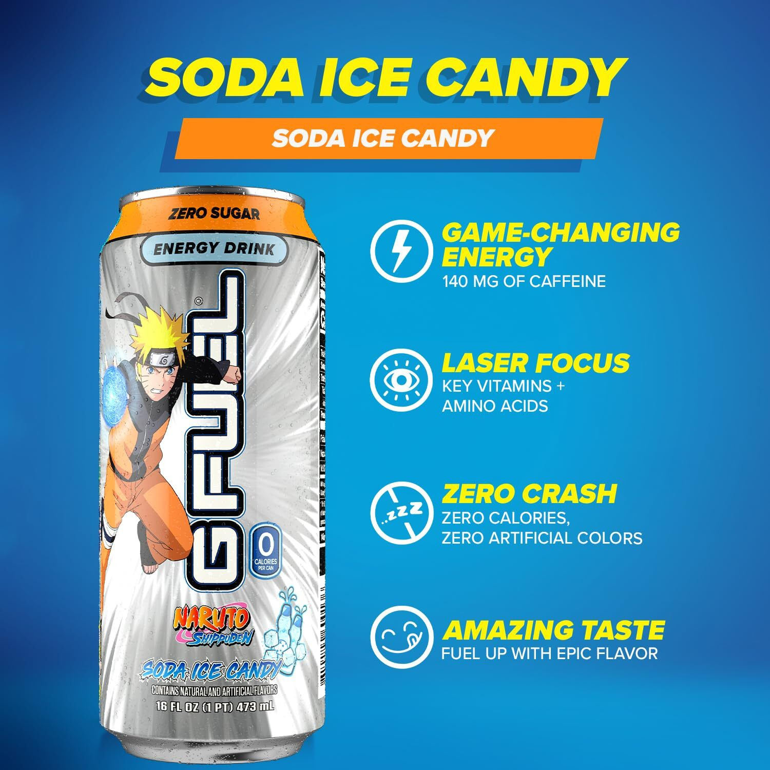 G Fuel Soda Ice Candy Flavored Energy Drink - Inspired By Naruto Shippuden, 16 Oz Can, 12-Pack Case