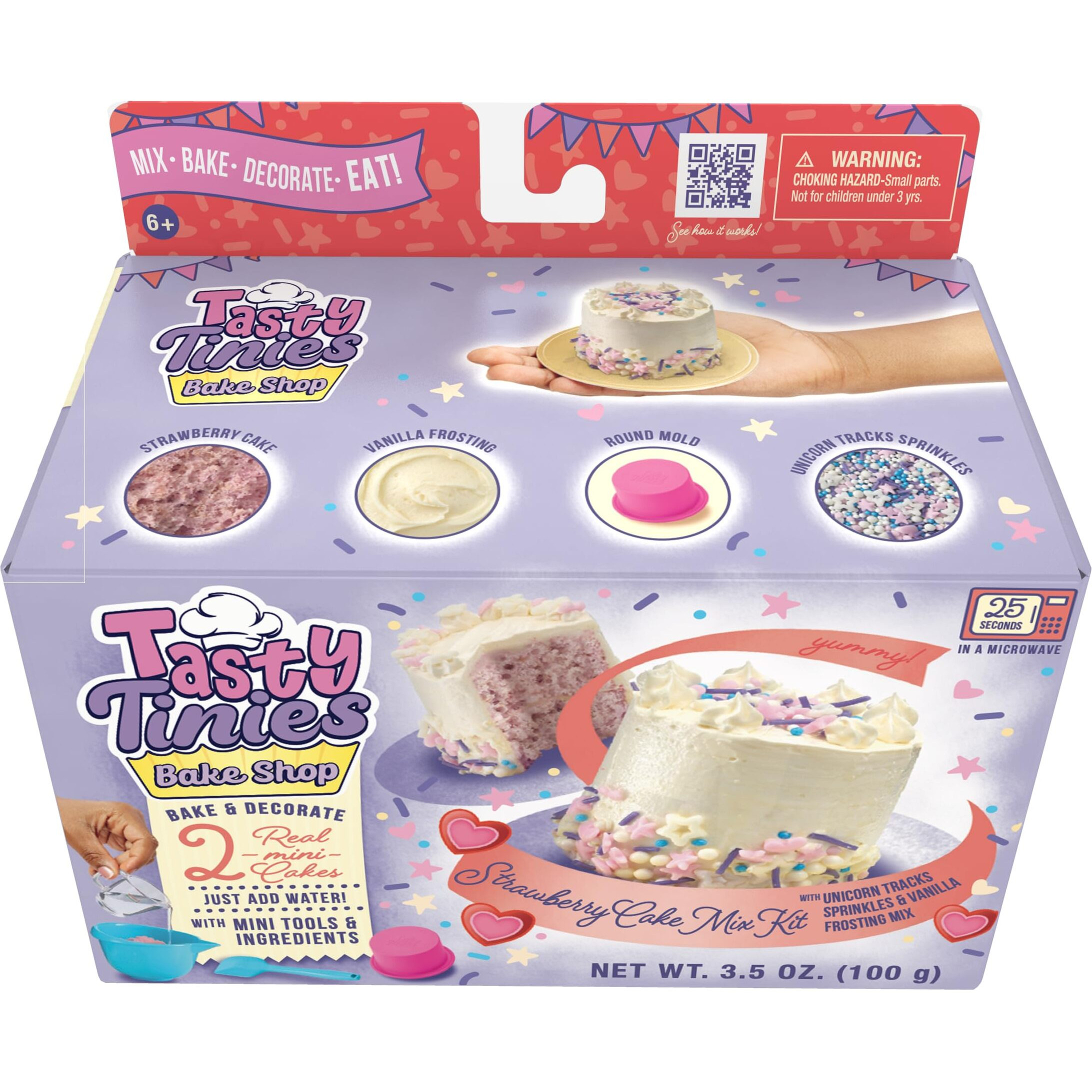 Goliath Tasty Tinies Bake Shop Strawberry Cake Mix Kit With Unicorn Tracks Sprinkles & Vanilla Frosting Mix | Bake & Decorate 2 Real Mini Cakes | Includes Mini Tools & Ingredients | Ages 6+