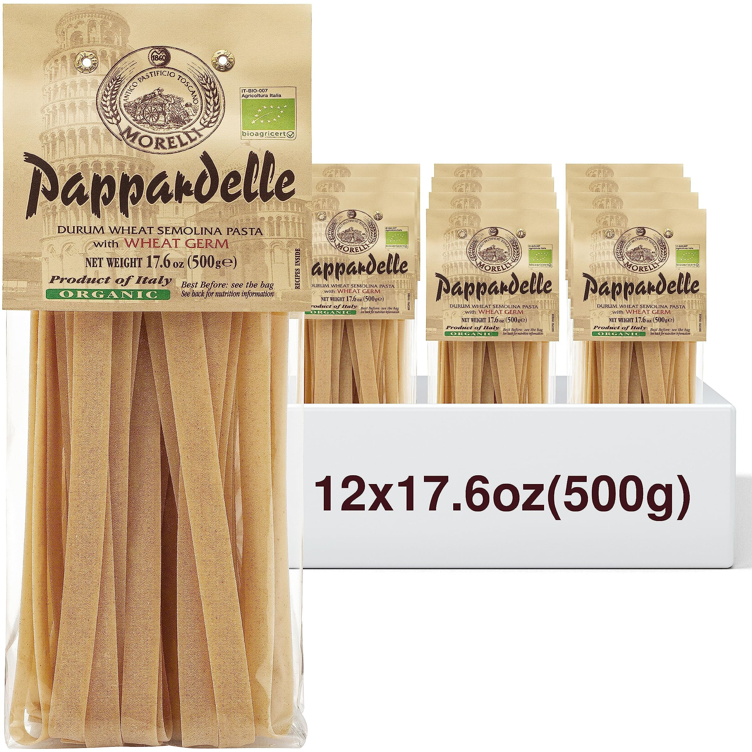 Morelli Pappardelle Pasta Noodles - Organic Pasta With Wheat Germ - Imported Pasta From Italy, Pappardelle Noodles Pasta, Wide Noodles, 17.6Oz (500G) - Pack Of 12