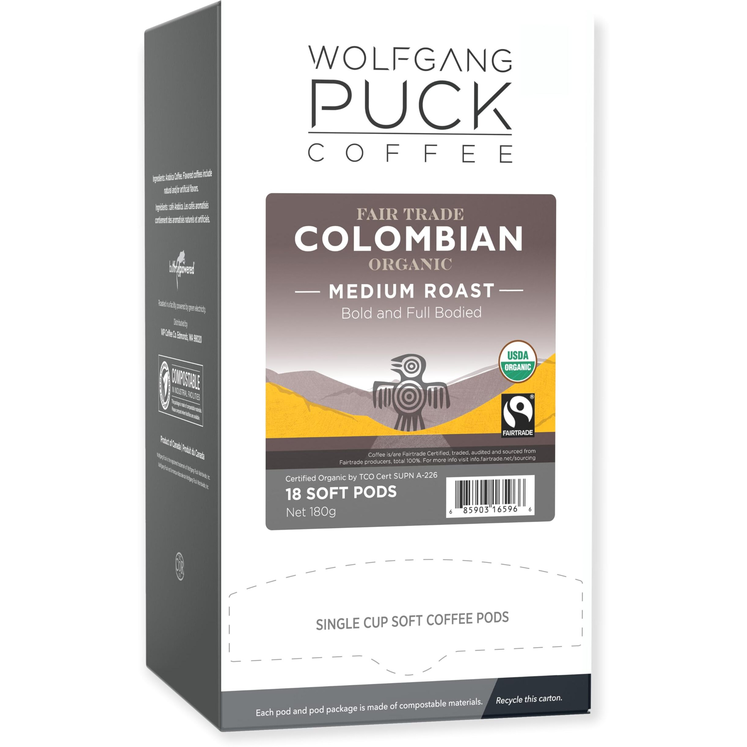 Wolfgang Puck Coffee Soft Pods, Colombian, Organic Fair Trade, 18 Count (Pack Of 6)