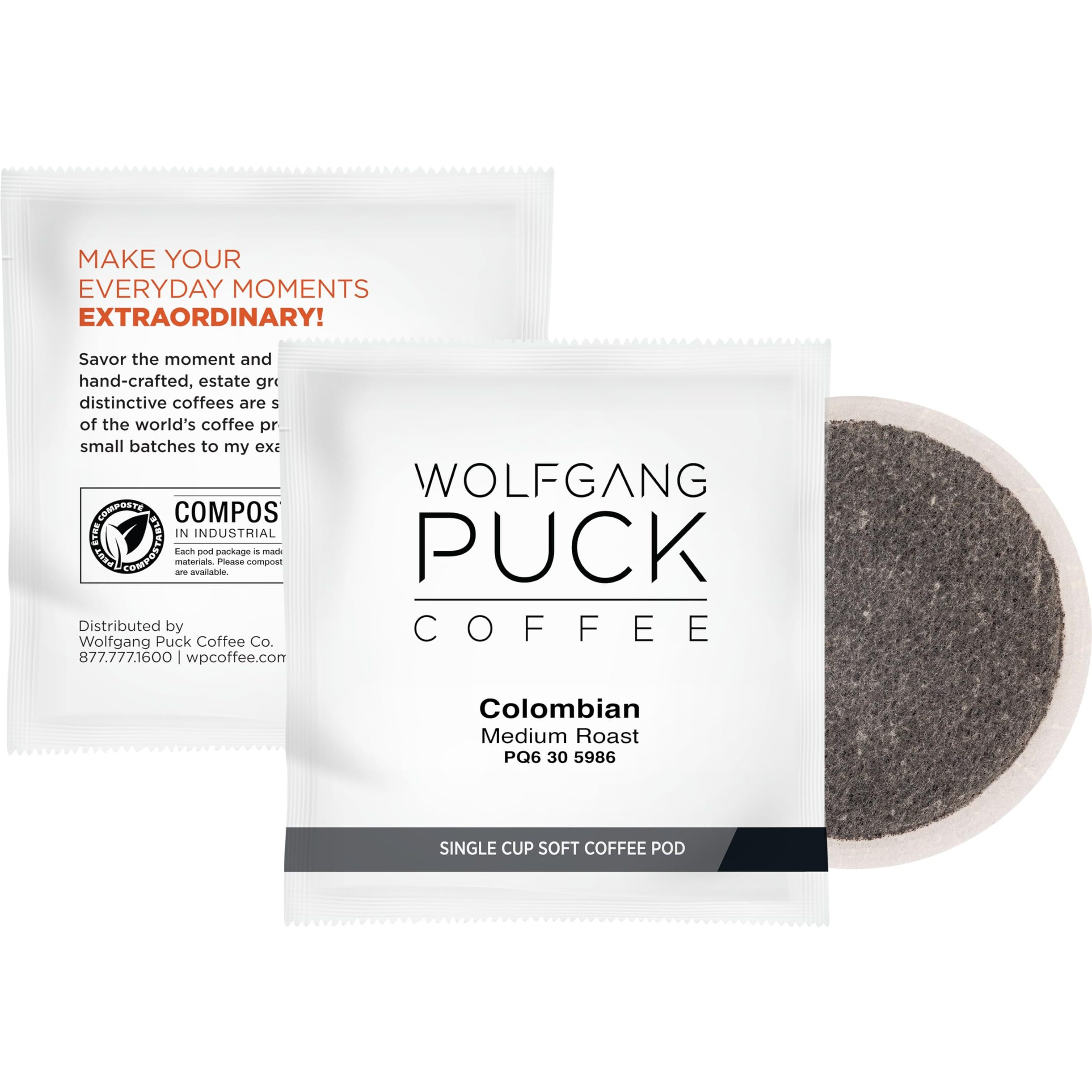 Wolfgang Puck Coffee Soft Pods, Colombian, Organic Fair Trade, 18 Count (Pack Of 6)