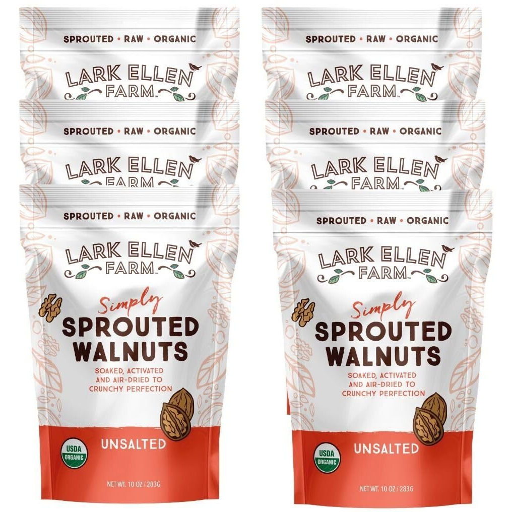 Lark Ellen Farm Unsalted Walnuts, Raw Sprouted Healthy Snack, Keto, Certified Usda Organic, Gluten-Free, Vegan, Individual Whole Nuts (10 Oz, 6 Pack)