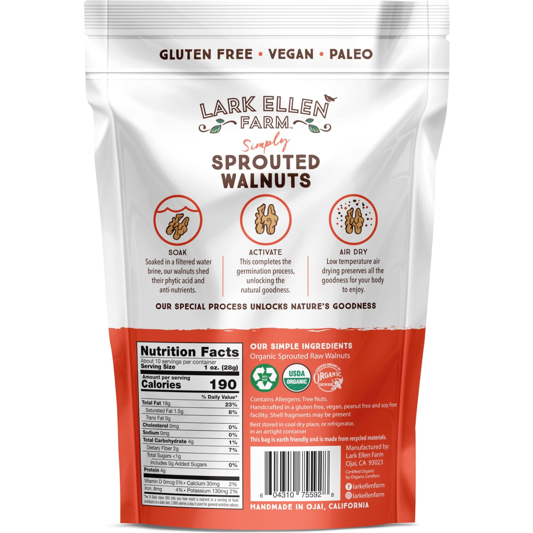 Lark Ellen Farm Unsalted Walnuts, Raw Sprouted Healthy Snack, Keto, Certified Usda Organic, Gluten-Free, Vegan, Individual Whole Nuts (10 Oz, 6 Pack)