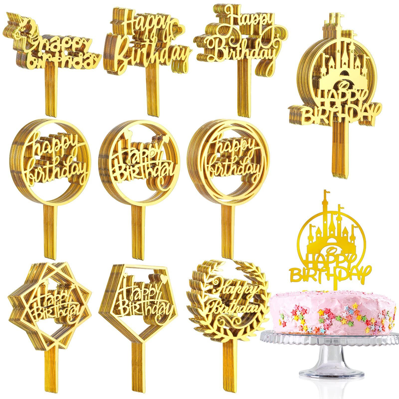150 Pcs Happy Birthday Cake Toppers Acrylic Cake Topper Glitter Birthday Cake Decorations Double Sided Cake Topper For Children Or Adults Various Cake Decoration Party Supplies (Gold, Cute)