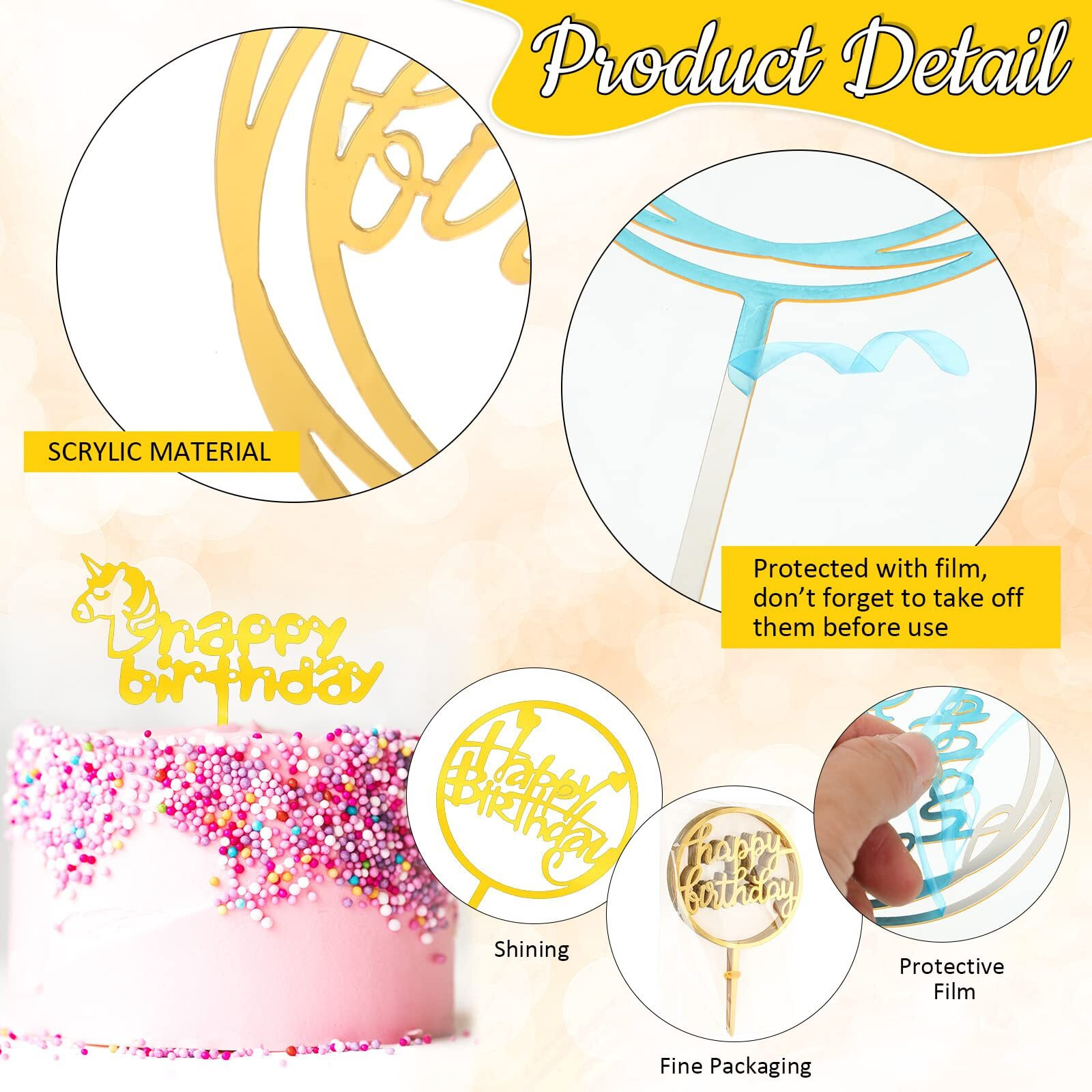 150 Pcs Happy Birthday Cake Toppers Acrylic Cake Topper Glitter Birthday Cake Decorations Double Sided Cake Topper For Children Or Adults Various Cake Decoration Party Supplies (Gold, Cute)