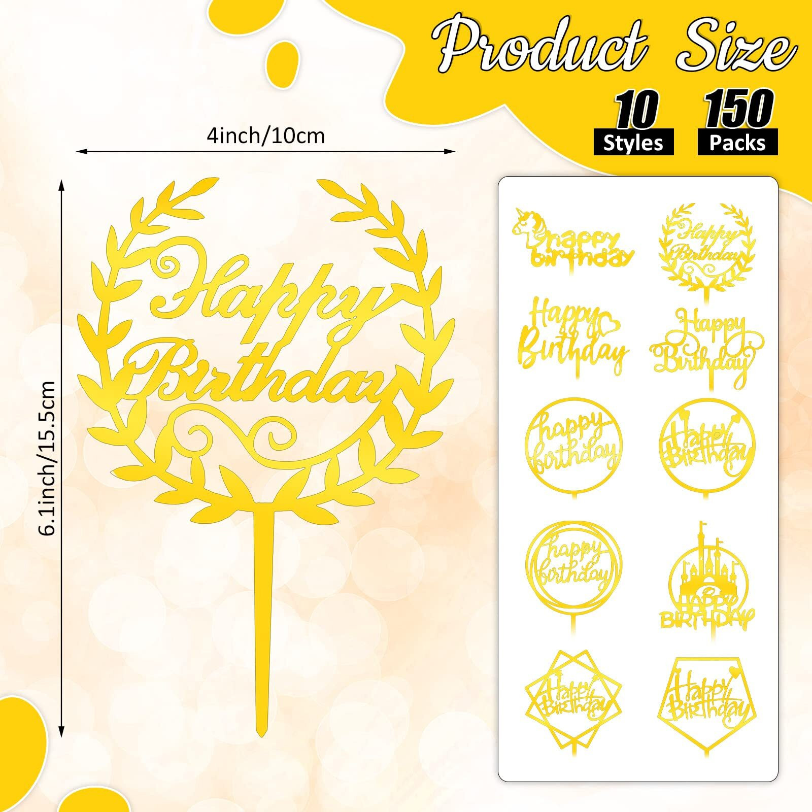 150 Pcs Happy Birthday Cake Toppers Acrylic Cake Topper Glitter Birthday Cake Decorations Double Sided Cake Topper For Children Or Adults Various Cake Decoration Party Supplies (Gold, Cute)