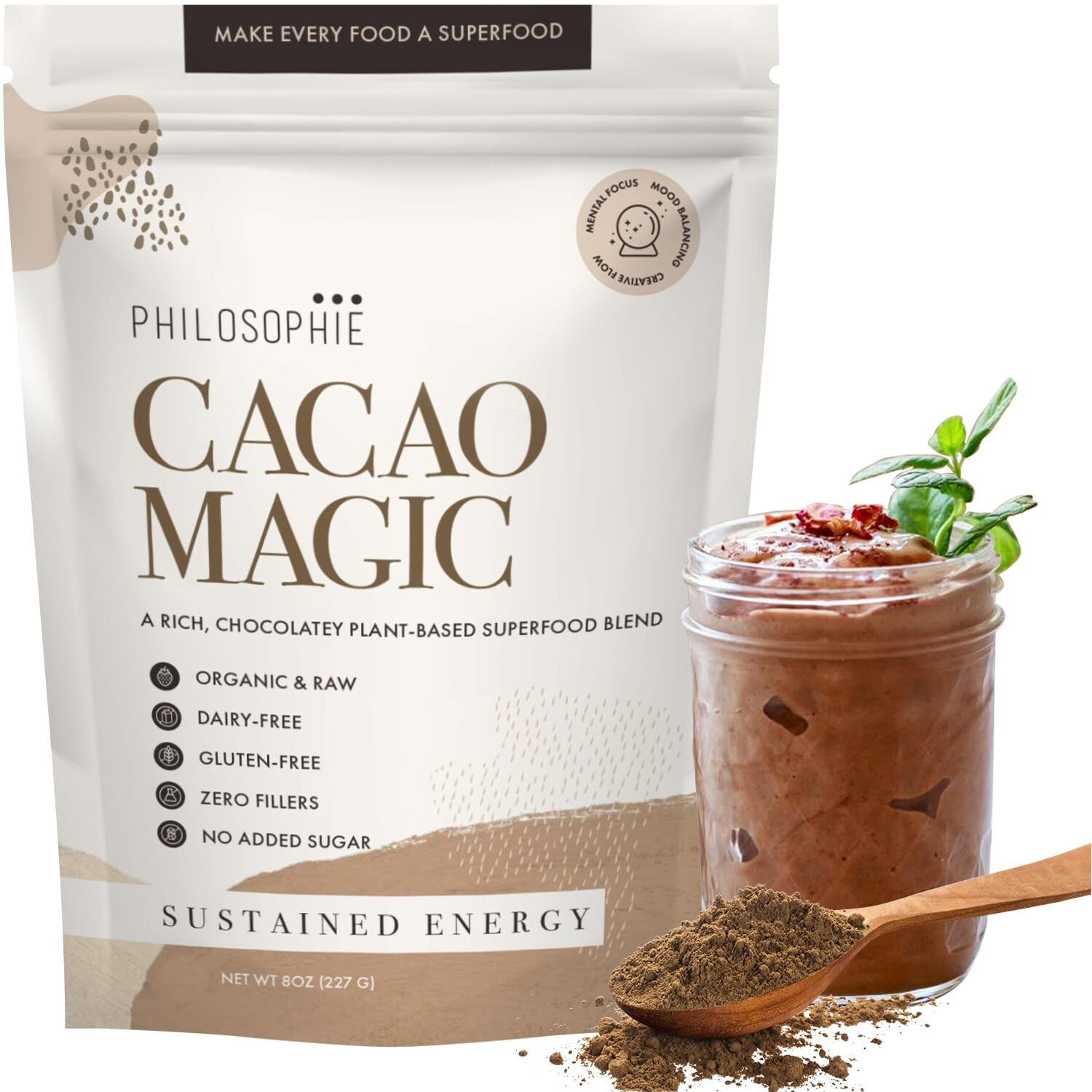 Philosophie Cacao Magic Plant-Based Superfood Blend With Raw Cacao Powder, 32 Servings Reishi Mushroom Powder & Maca Root Powder - Organic & Unsweetened