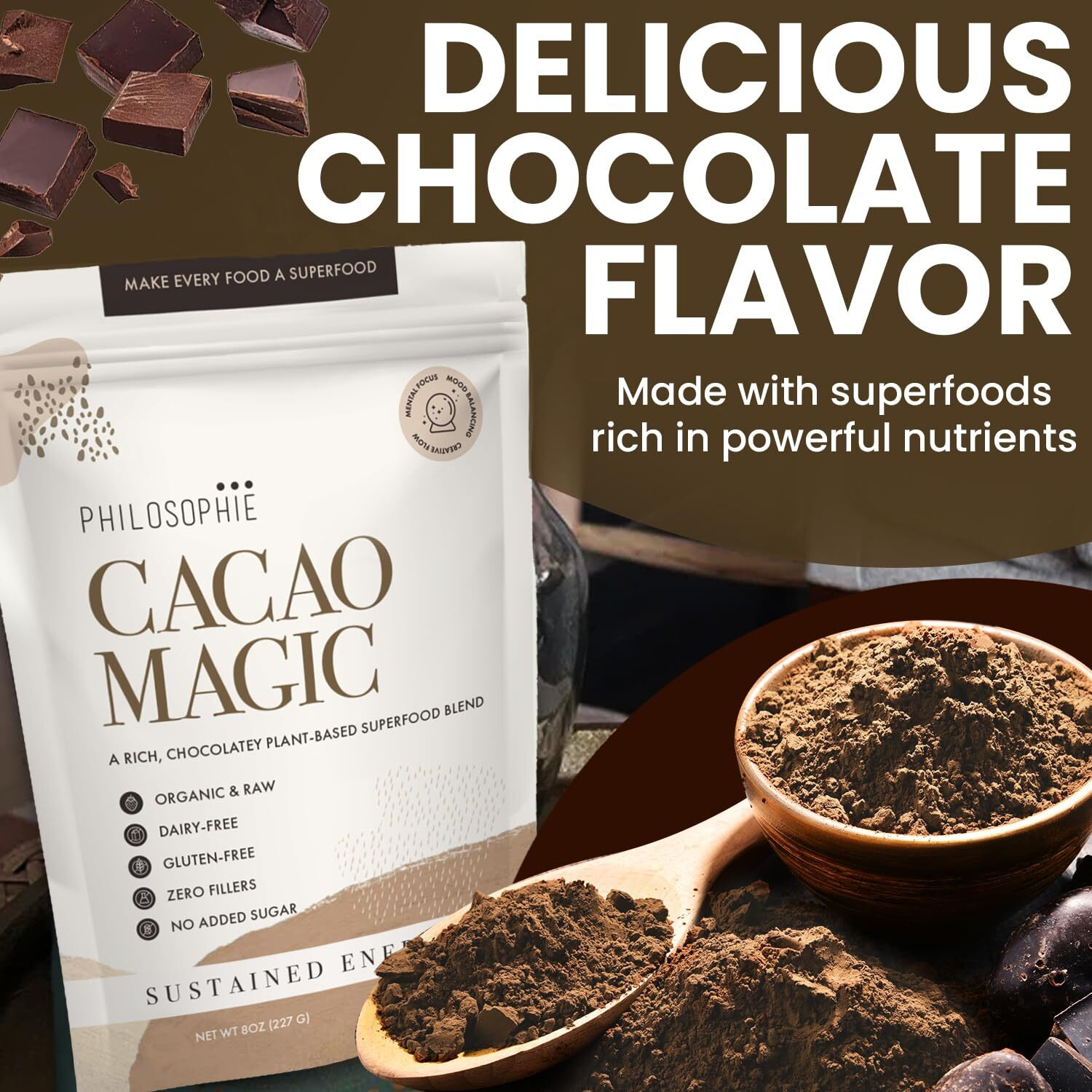Philosophie Cacao Magic Plant-Based Superfood Blend With Raw Cacao Powder, 32 Servings Reishi Mushroom Powder & Maca Root Powder - Organic & Unsweetened