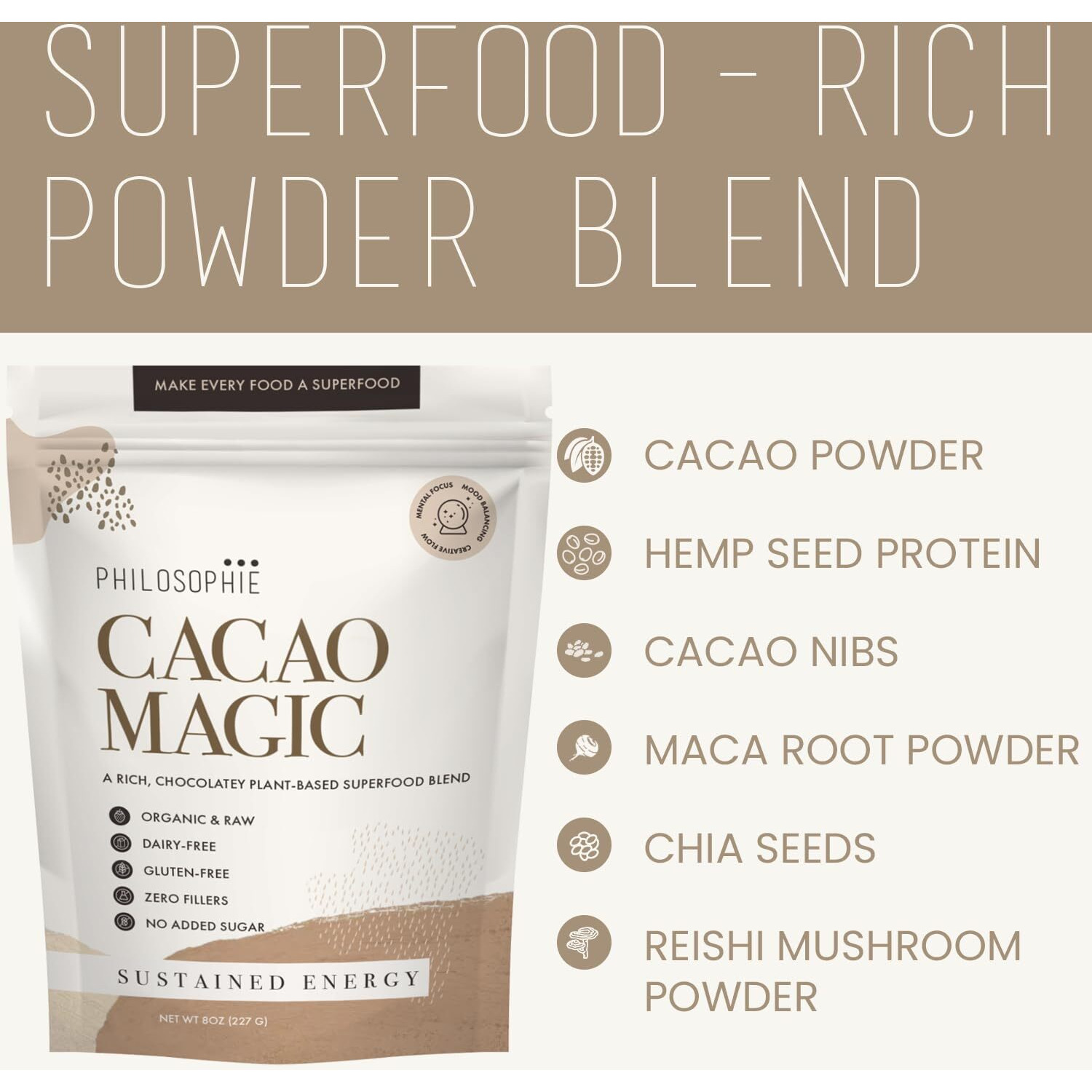 Philosophie Cacao Magic Plant-Based Superfood Blend With Raw Cacao Powder, 32 Servings Reishi Mushroom Powder & Maca Root Powder - Organic & Unsweetened