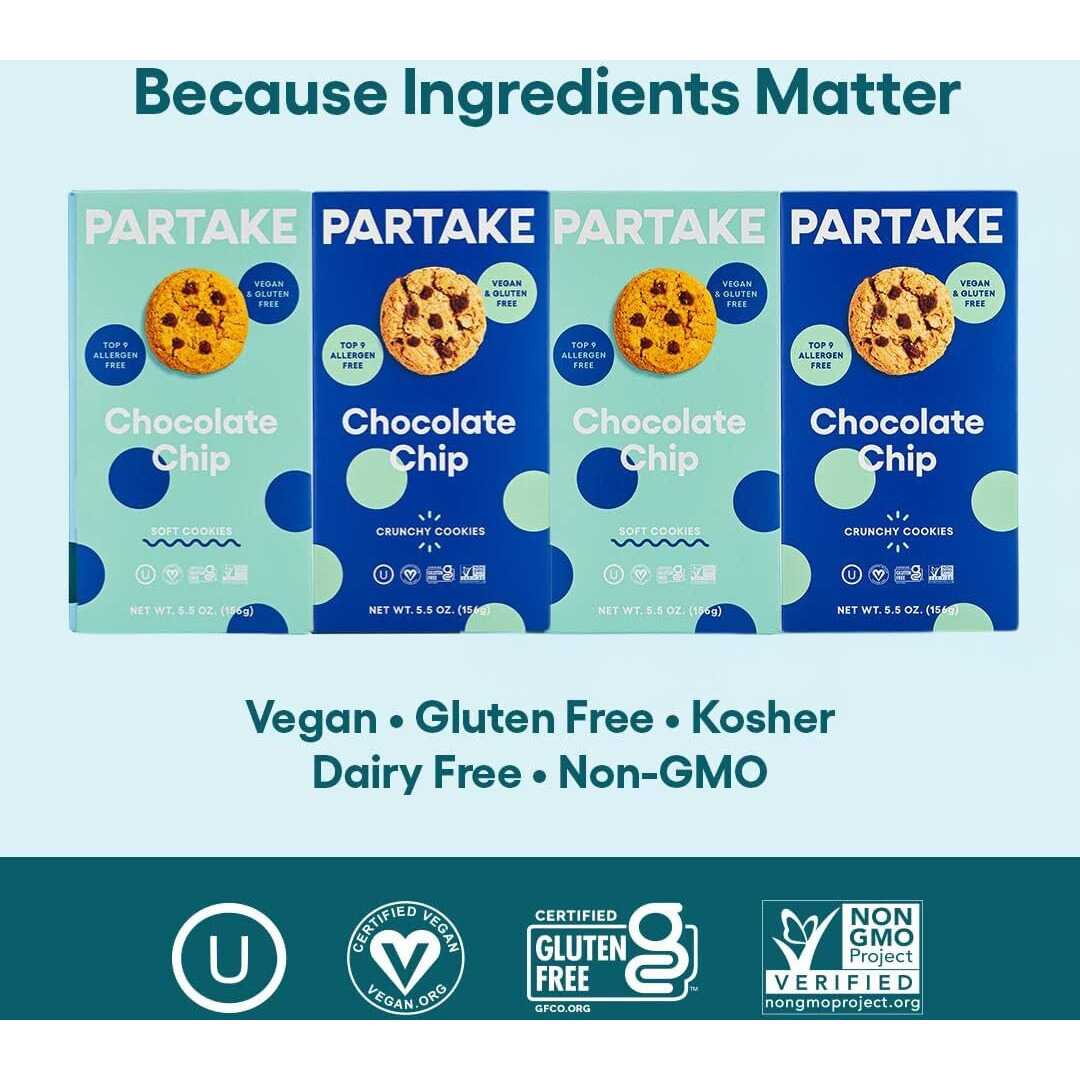Gluten Free Chocolate Chip Lovers' Vegan Cookies By Partake - 5 Pack | Non-Gmo, Allergy-Friendly | No Peanuts, Soy, Dairy, Tree Nuts, Contents May Vary.