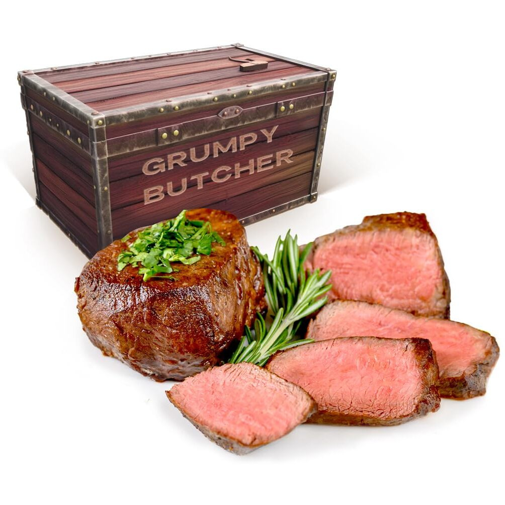 Grumpy Butcher Large Filet Mignon Steaks, 6 Pack (8 Oz Each) - Prime Steak House Size Beef Tenderloin Center Cut -With Steaks Gift Packages Specials Option
