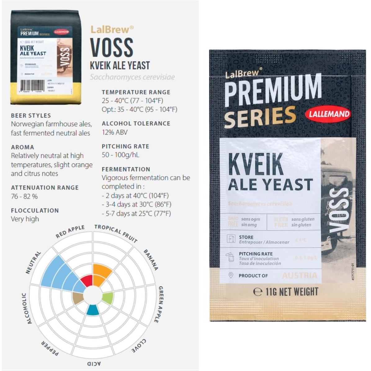 Lalbrew Voss Kveik Brewing Yeast (2 Pack) - Kveik Ale Yeast - Make Beer At Home - 11 G Sachets - Saccharomyces Cerevisiae - Sold By Capybara Distributors Inc.