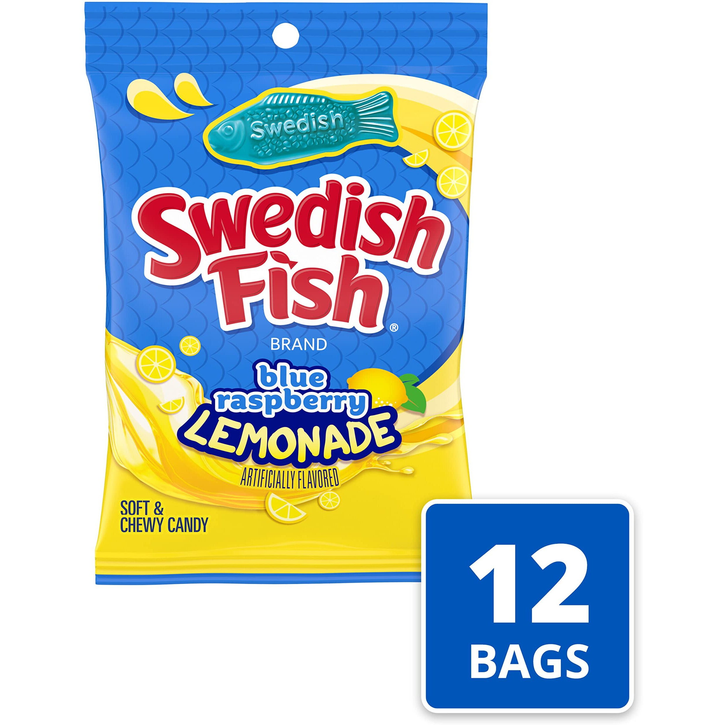 Swedish Fish Blue Raspberry Lemonade Soft & Chewy Candy, Bulk Candy, 12-8.04 Oz Bags