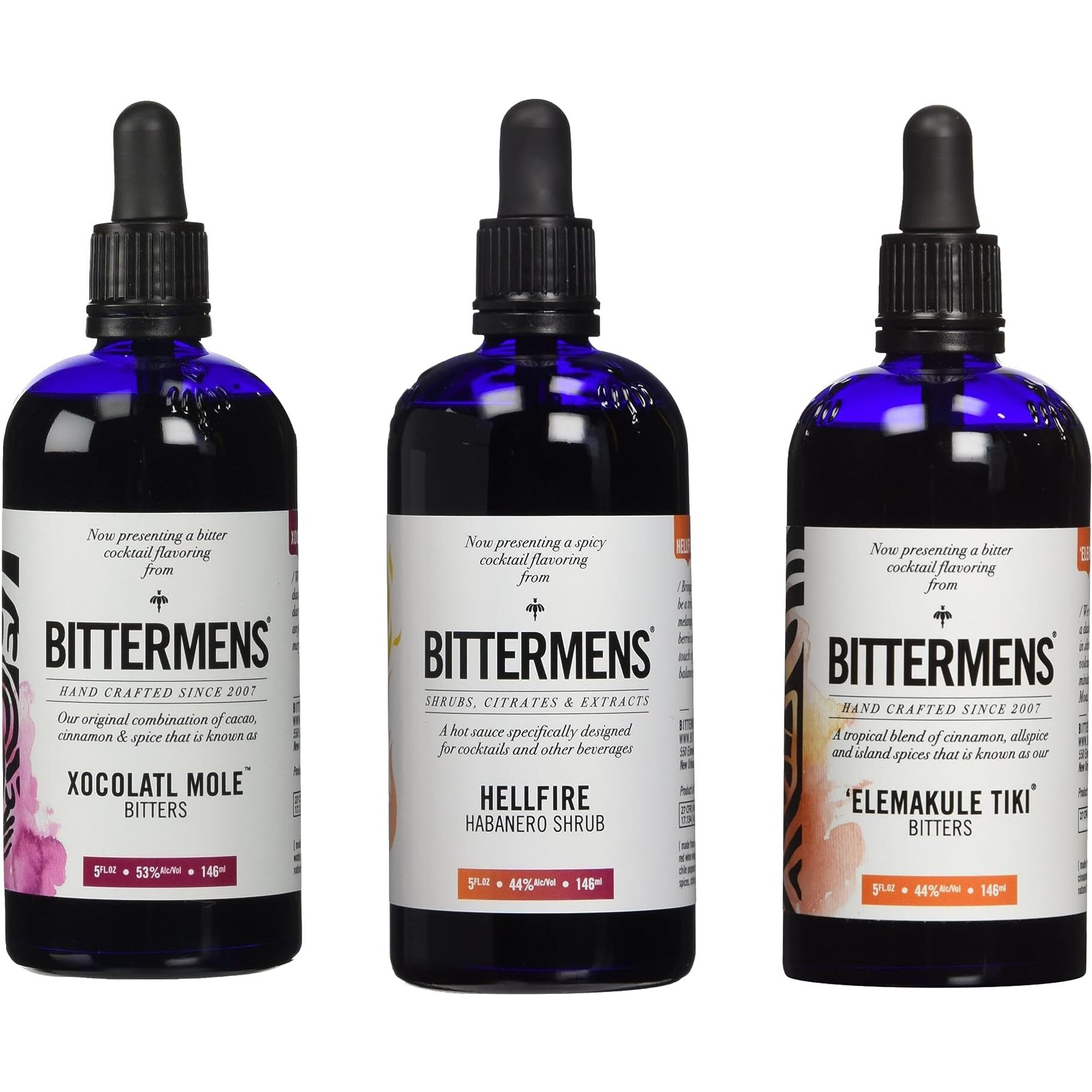 Bittermens Best Sellers Bundle Xocolatl Mole, Hellfire Habanero, Elemakule Tiki, 5Oz - All Natural Bitters To Make Your Cocktail A Modern Classic