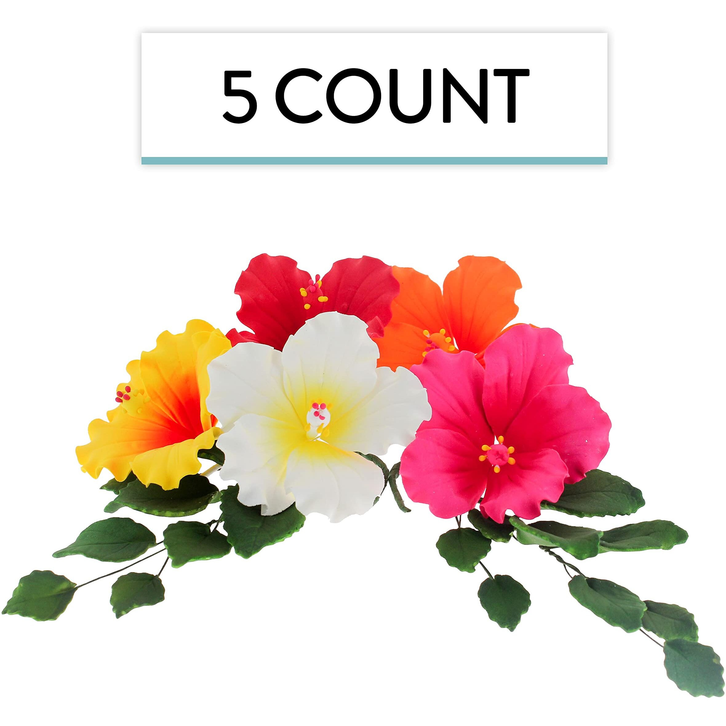 Global Sugar Art Hibiscus Sugar Cake Flowers, Assorted Colors Hawaiian Cake Flower Large, 5 Count And Leaf Sprays By Chef Alan Tetreault