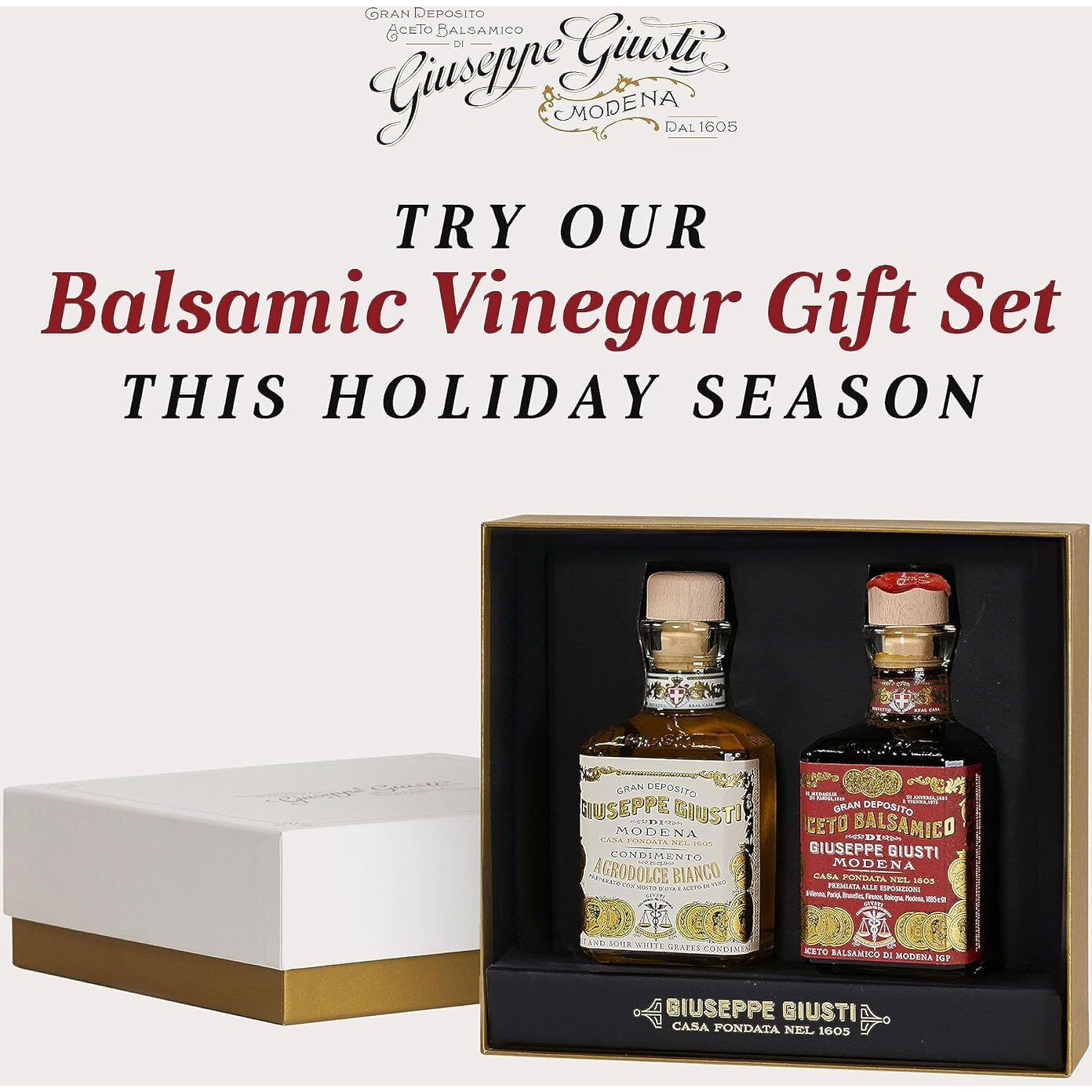 Giuseppe Giusti Italian Balsamic Vinegar - Gran Deposito Aceto Balsamico Di Modena And White Balsamic Vinegar- Italian Gifts - White Vinaigrette Condiment -Aged Balsamic - Gift Set - Made In Italy